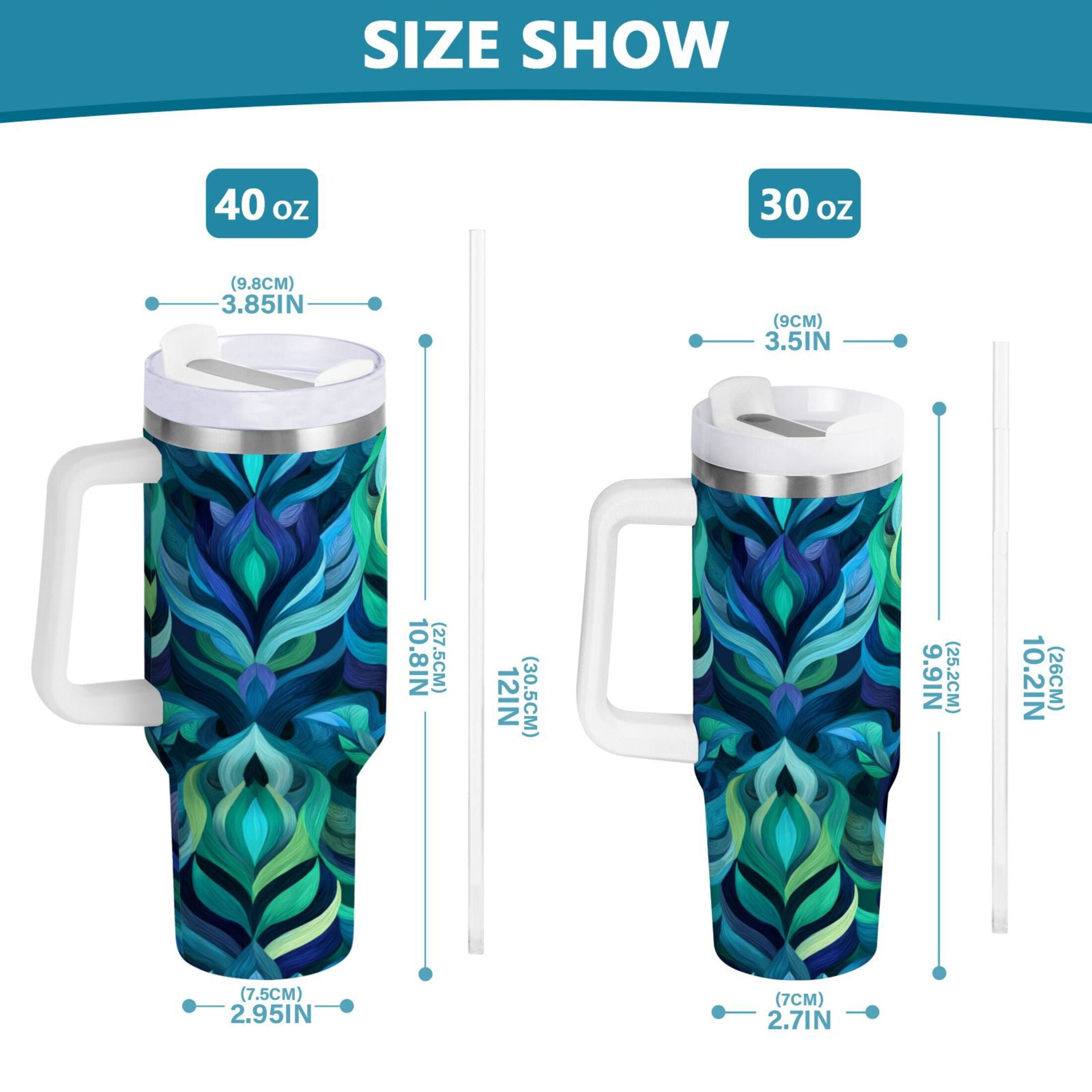 40 oz Insulated Stainless Steel Tumbler Double Wall Stainless Steel Tumbler with 2-Way Drinking Elegant Blue Abstract Shapes