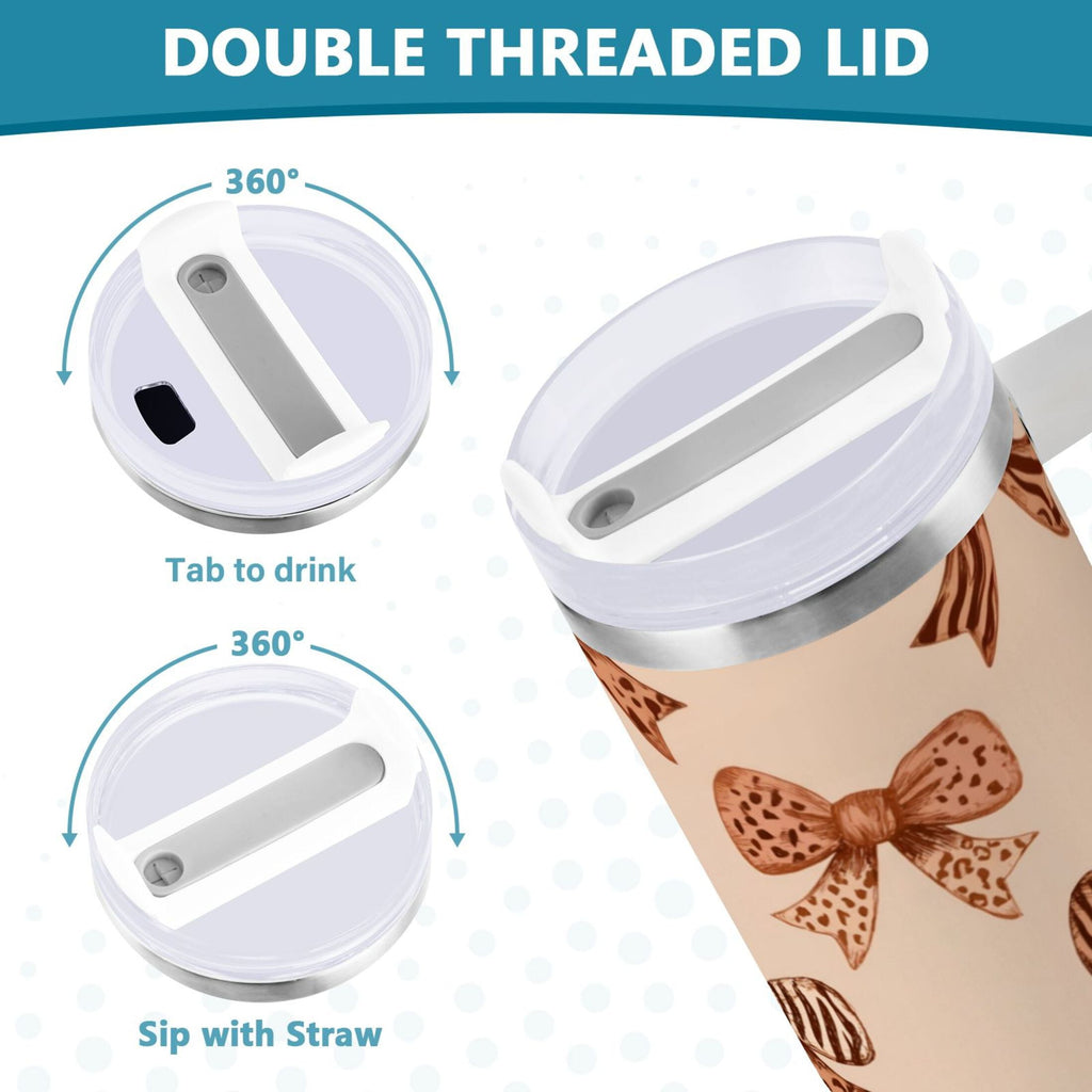 40 oz Insulated Stainless Steel Tumbler Double Wall Stainless Steel Tumbler with 2-Way Drinking Leopard Print Bow