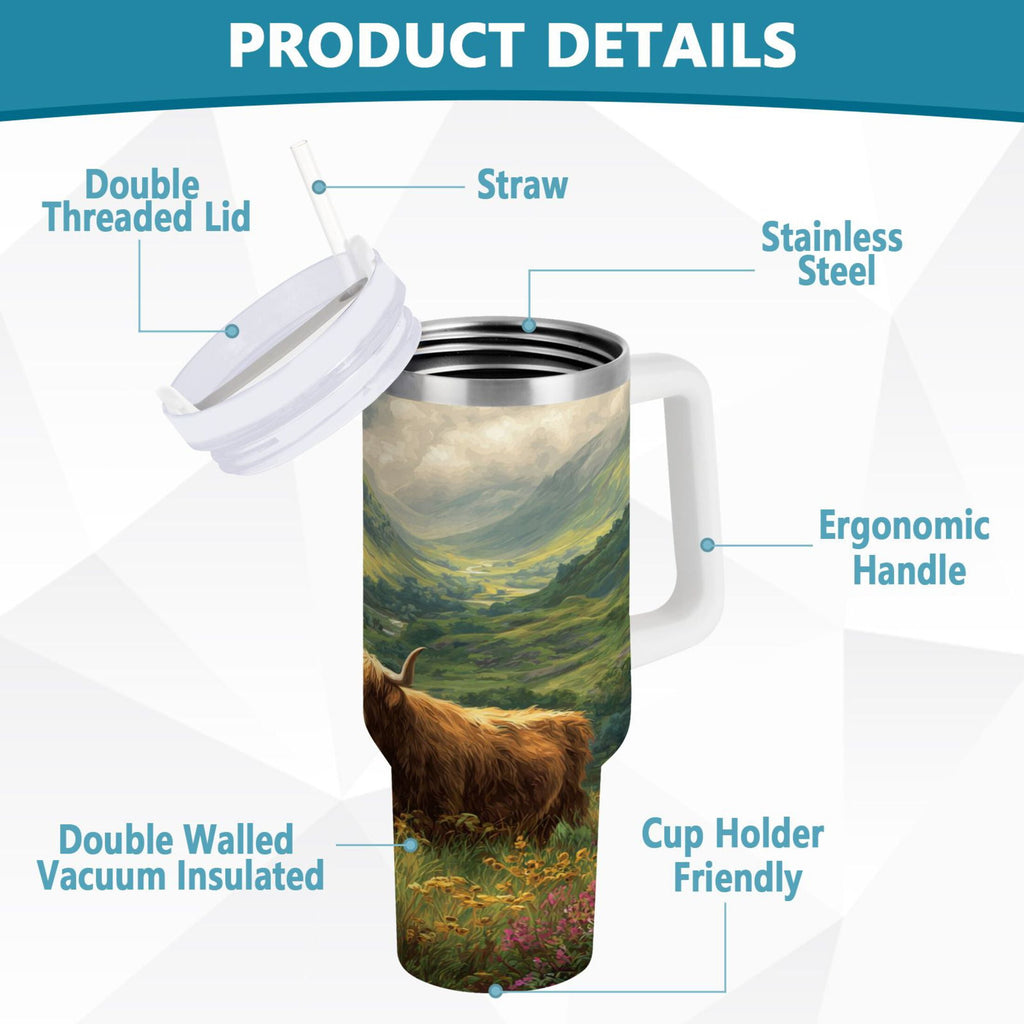 30 oz Insulated Stainless Steel Tumbler Double Wall Stainless Steel Tumbler with 2-Way Drinking Cow in Green Rolling Hills