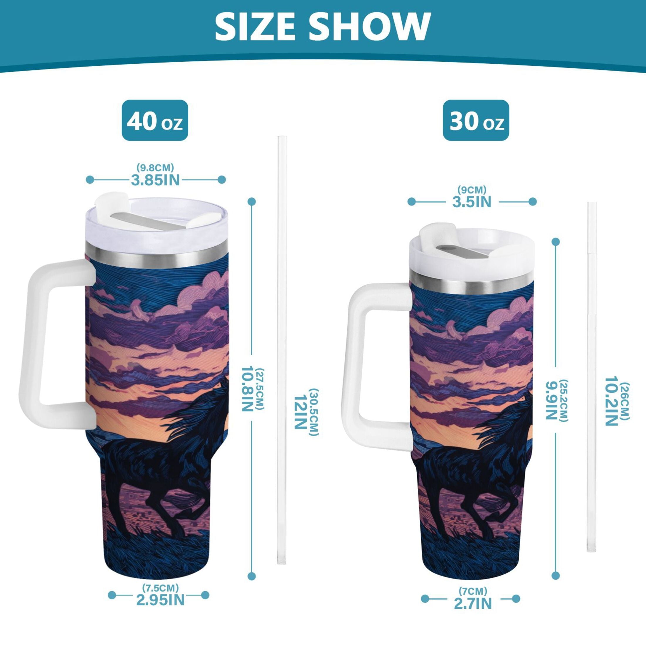 40 oz Insulated Stainless Steel Tumbler Double Wall Stainless Steel Tumbler with 2-Way Drinking Wild Horses Running
