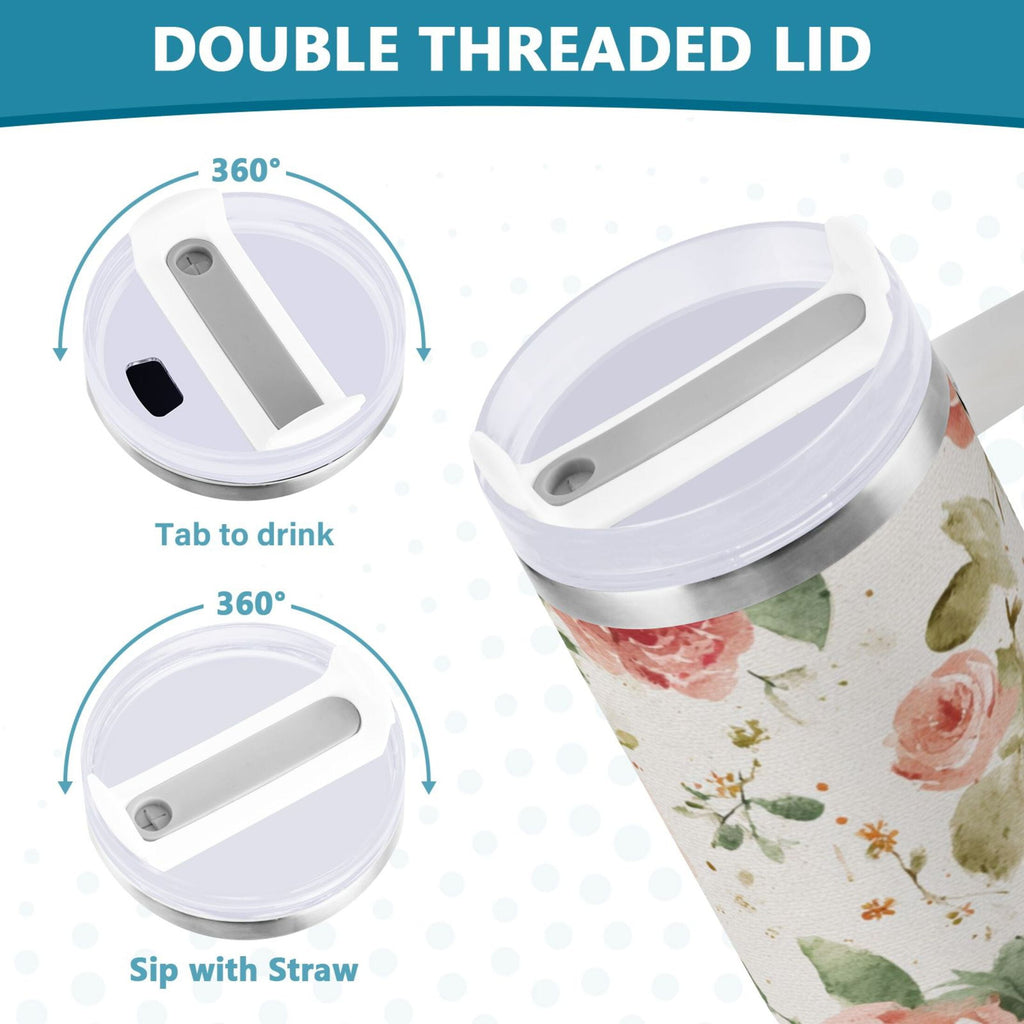40 oz Insulated Stainless Steel Tumbler Double Wall Stainless Steel Tumbler with 2-Way Drinking Watercolor Rose Floral Pattern
