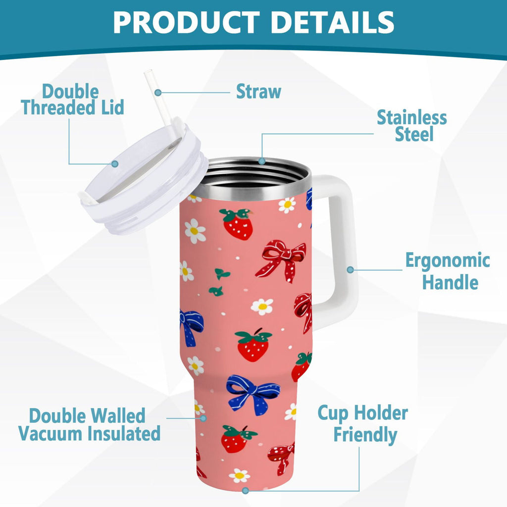 40 oz Insulated Stainless Steel Tumbler Double Wall Stainless Steel Tumbler with 2-Way Drinking Bows and Strawberries Pattern