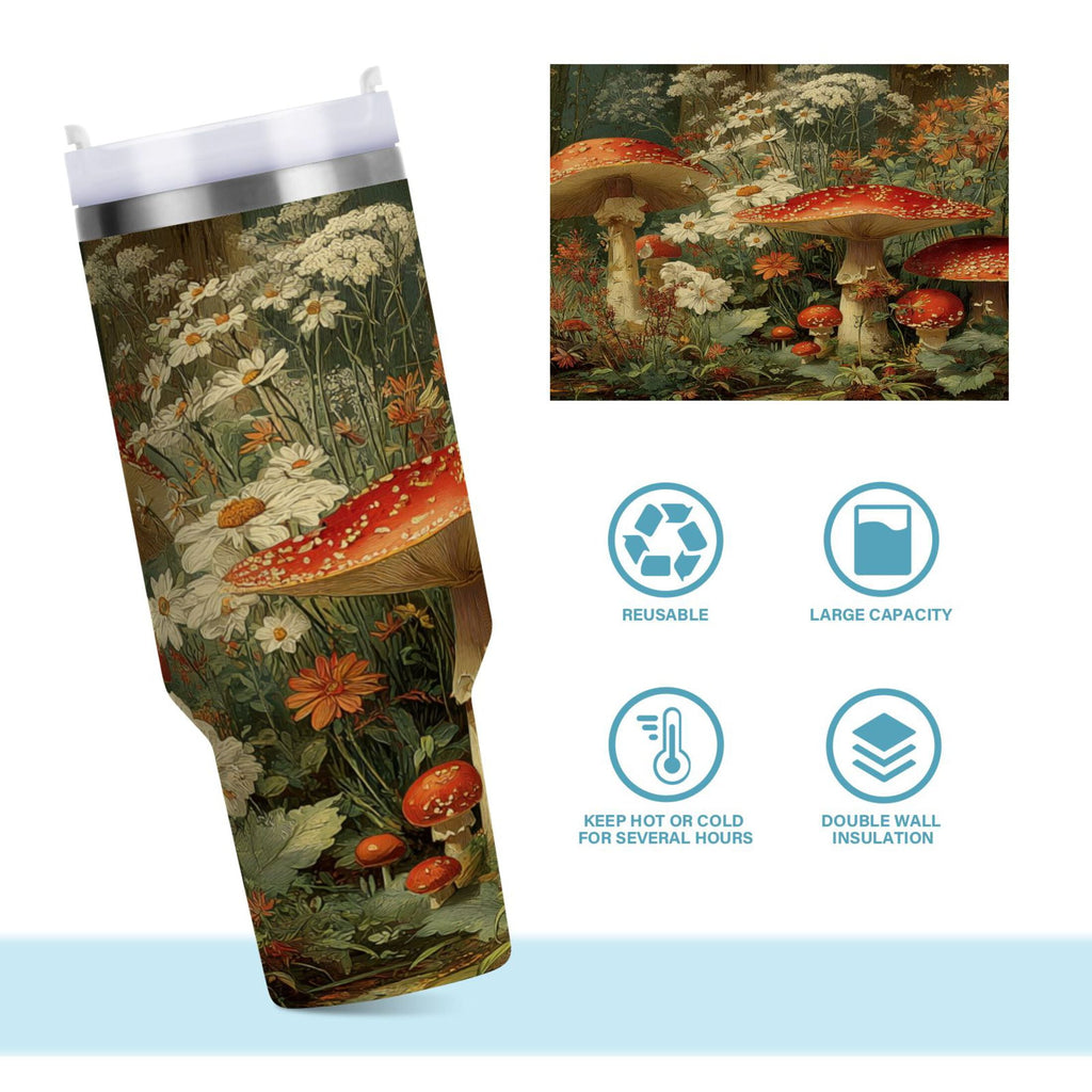 40 oz Insulated Stainless Steel Tumbler Double Wall Stainless Steel Tumbler with 2-Way Drinking Red Mushrooms