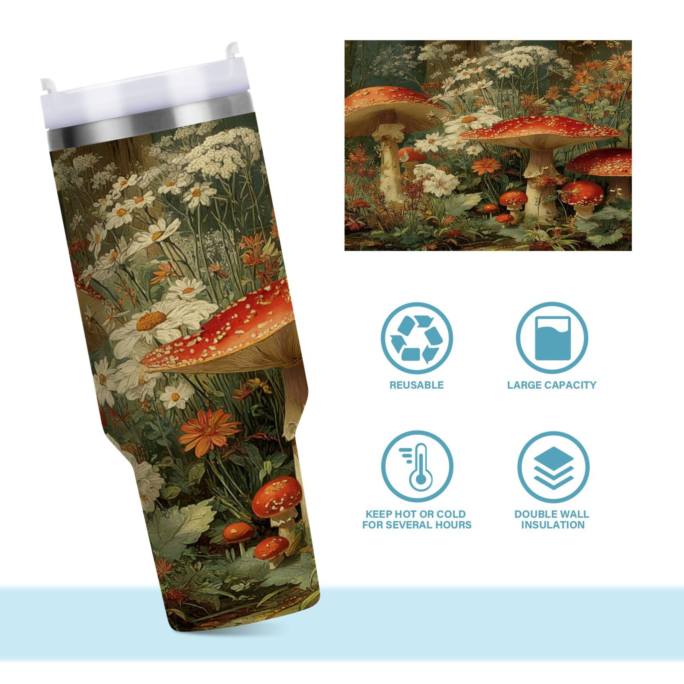 40 oz Insulated Stainless Steel Tumbler Double Wall Stainless Steel Tumbler with 2-Way Drinking Red Mushrooms