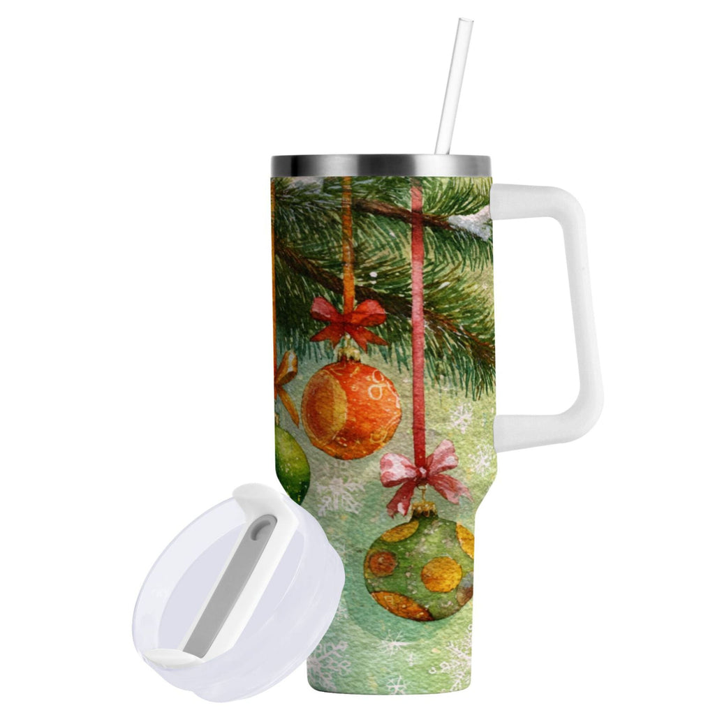 30 oz Insulated Stainless Steel Tumbler Double Wall Stainless Steel Tumbler with 2-Way Drinking Christmas Ornaments Watercolor Painting