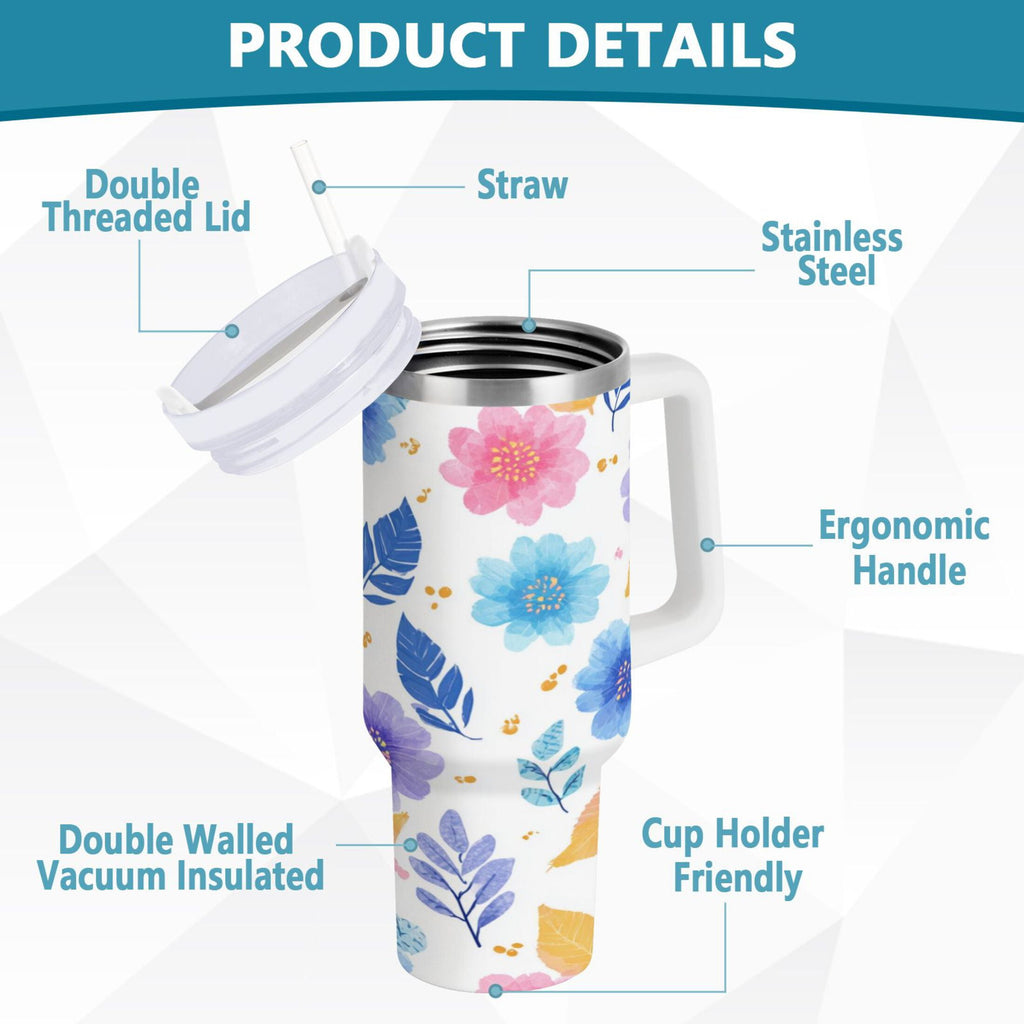 30 oz Insulated Stainless Steel Tumbler Double Wall Stainless Steel Tumbler with 2-Way Drinking Blue and Purple Flowers