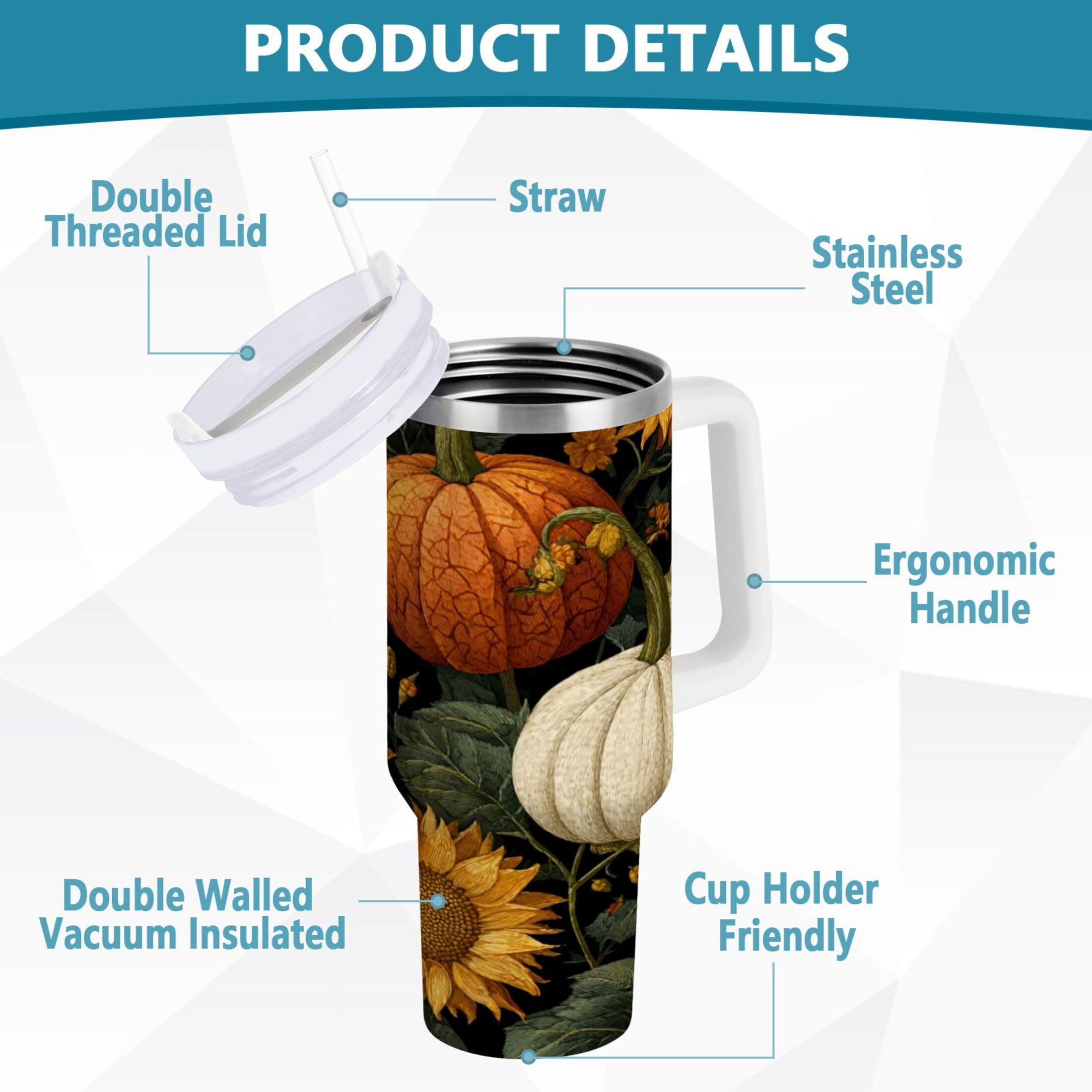 40 oz Insulated Stainless Steel Tumbler Double Wall Stainless Steel Tumbler with 2-Way Drinking Pumpkins and Sunflowers Pattern