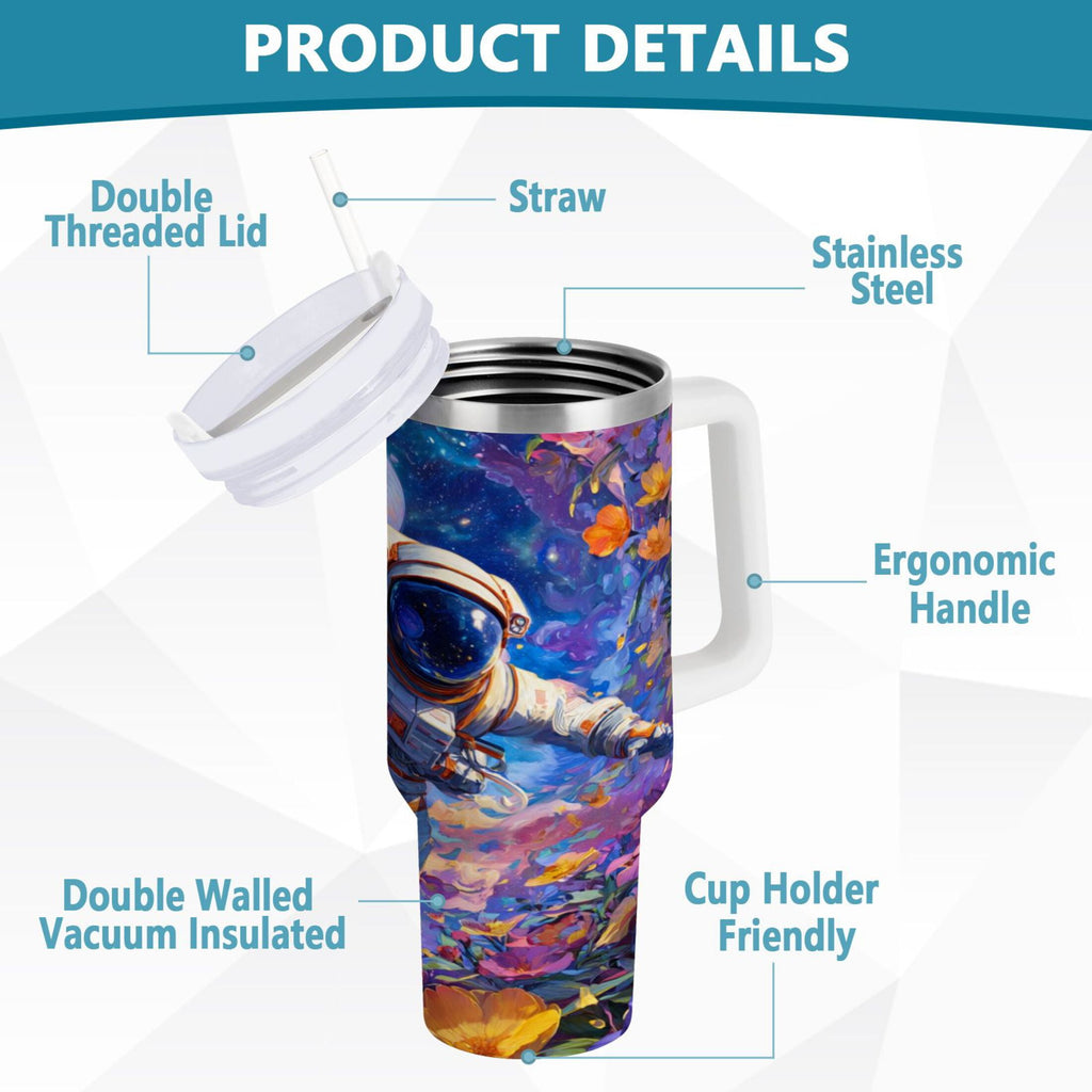 40 oz Insulated Stainless Steel Tumbler Double Wall Stainless Steel Tumbler with 2-Way Drinking Astronaut and Colorful Flowers