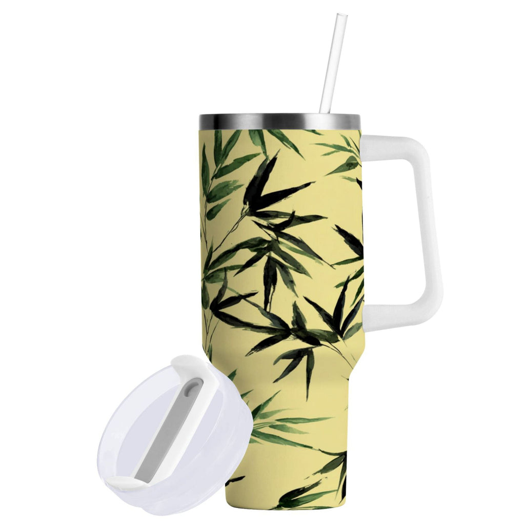 30 oz Insulated Stainless Steel Tumbler Double Wall Stainless Steel Tumbler with 2-Way Drinking Bamboo and Green Leaves