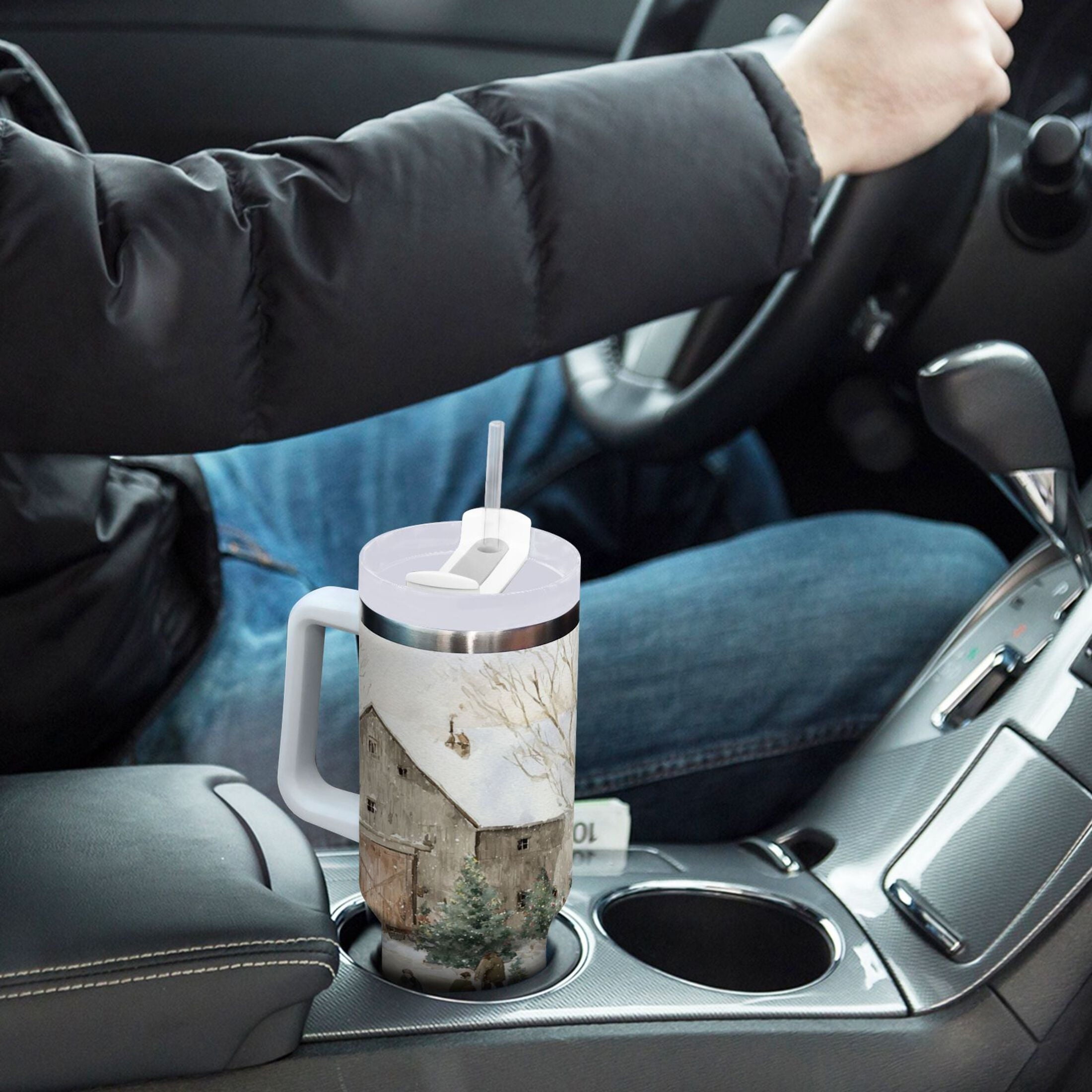 40 oz Insulated Stainless Steel Tumbler Double Wall Stainless Steel Tumbler with 2-Way Drinking Farm Snow Scene