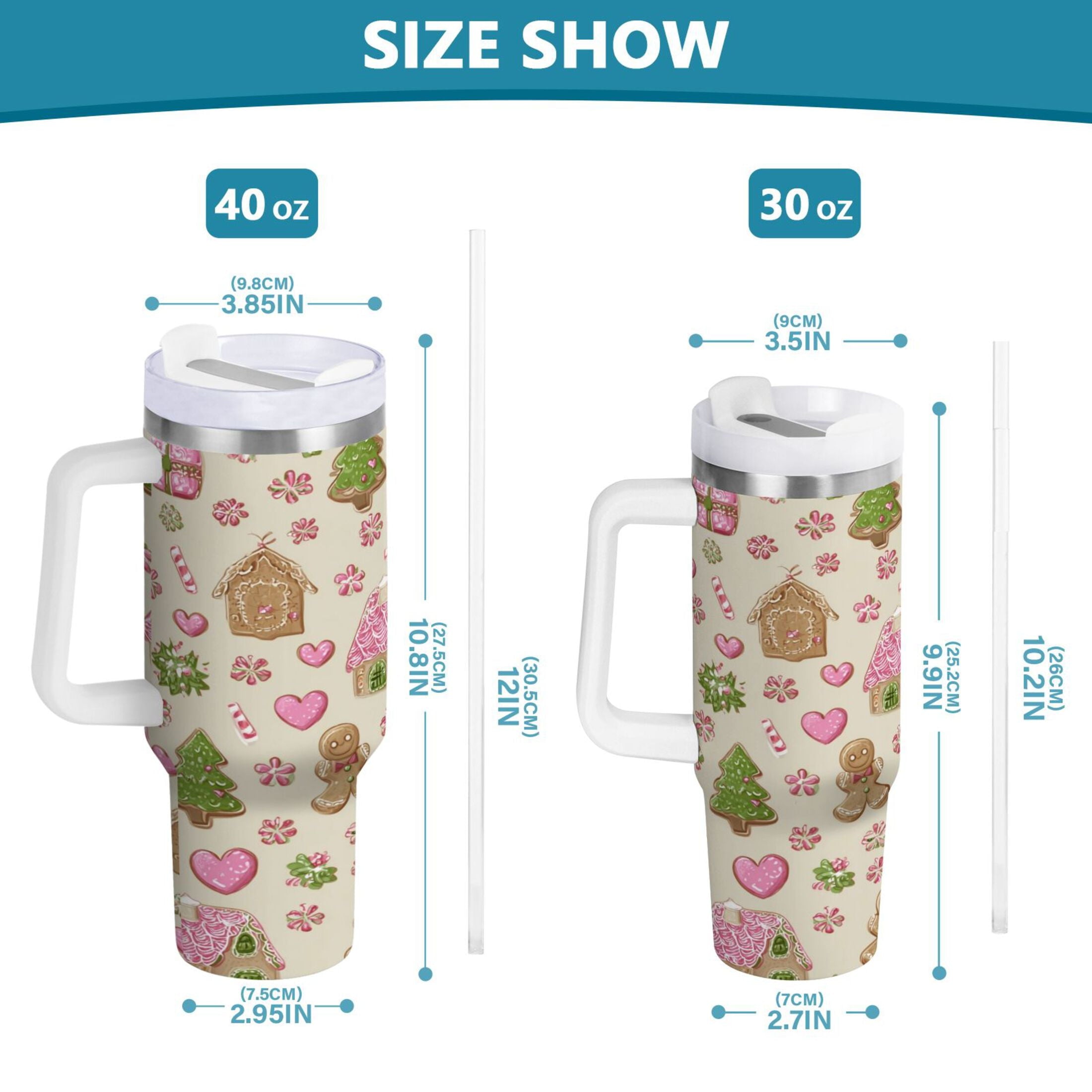 40 oz Insulated Stainless Steel Tumbler Double Wall Stainless Steel Tumbler with 2-Way Drinking Pink Cute Christmas Pattern