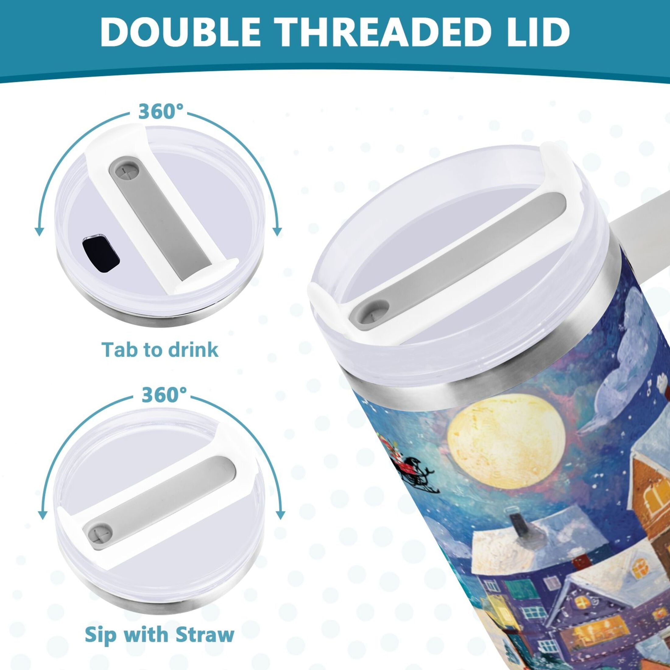 30 oz Insulated Stainless Steel Tumbler Double Wall Stainless Steel Tumbler with 2-Way Drinking Charming Christmas Scene