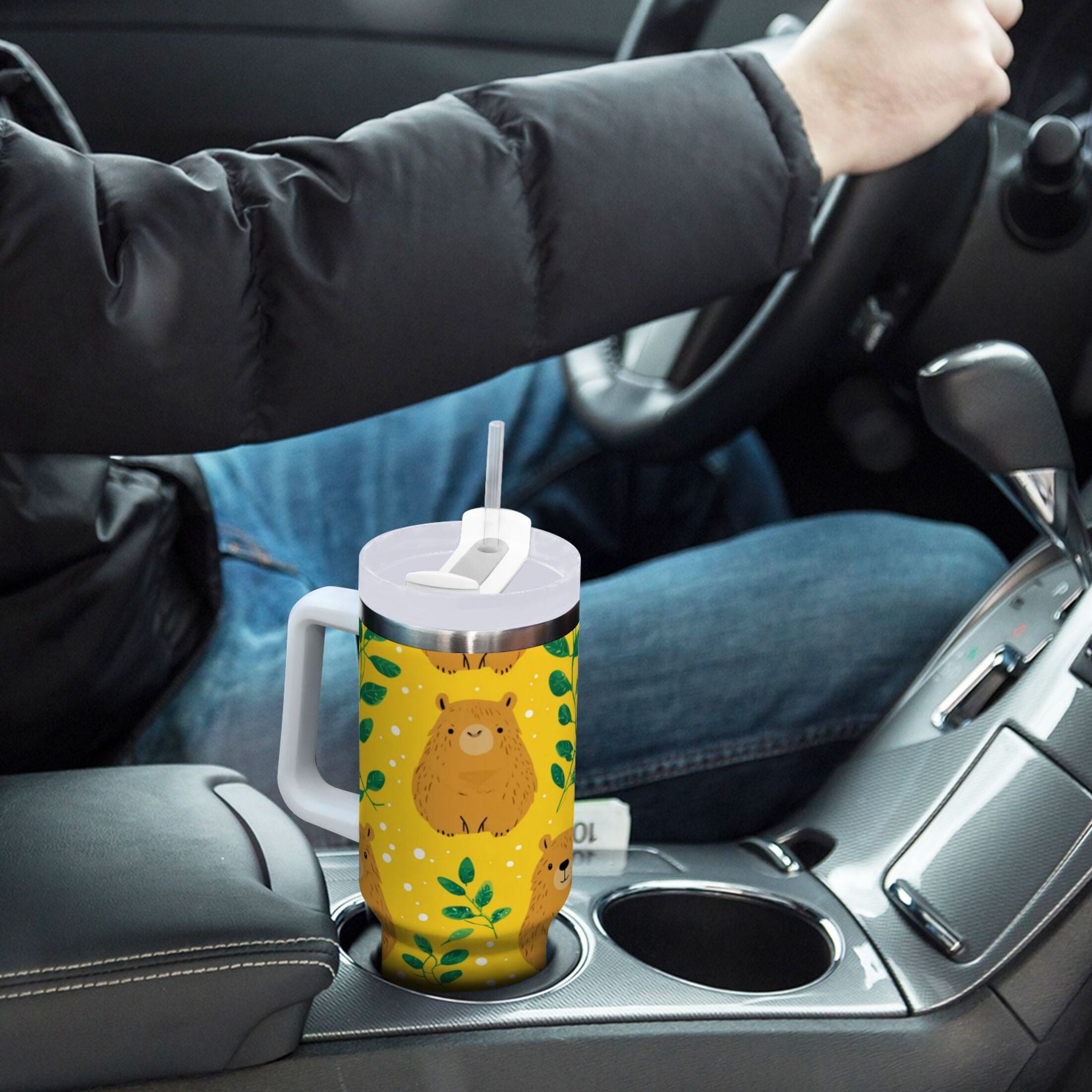 30 oz Insulated Stainless Steel Tumbler Double Wall Stainless Steel Tumbler with 2-Way Drinking Capybara and Green Leaves