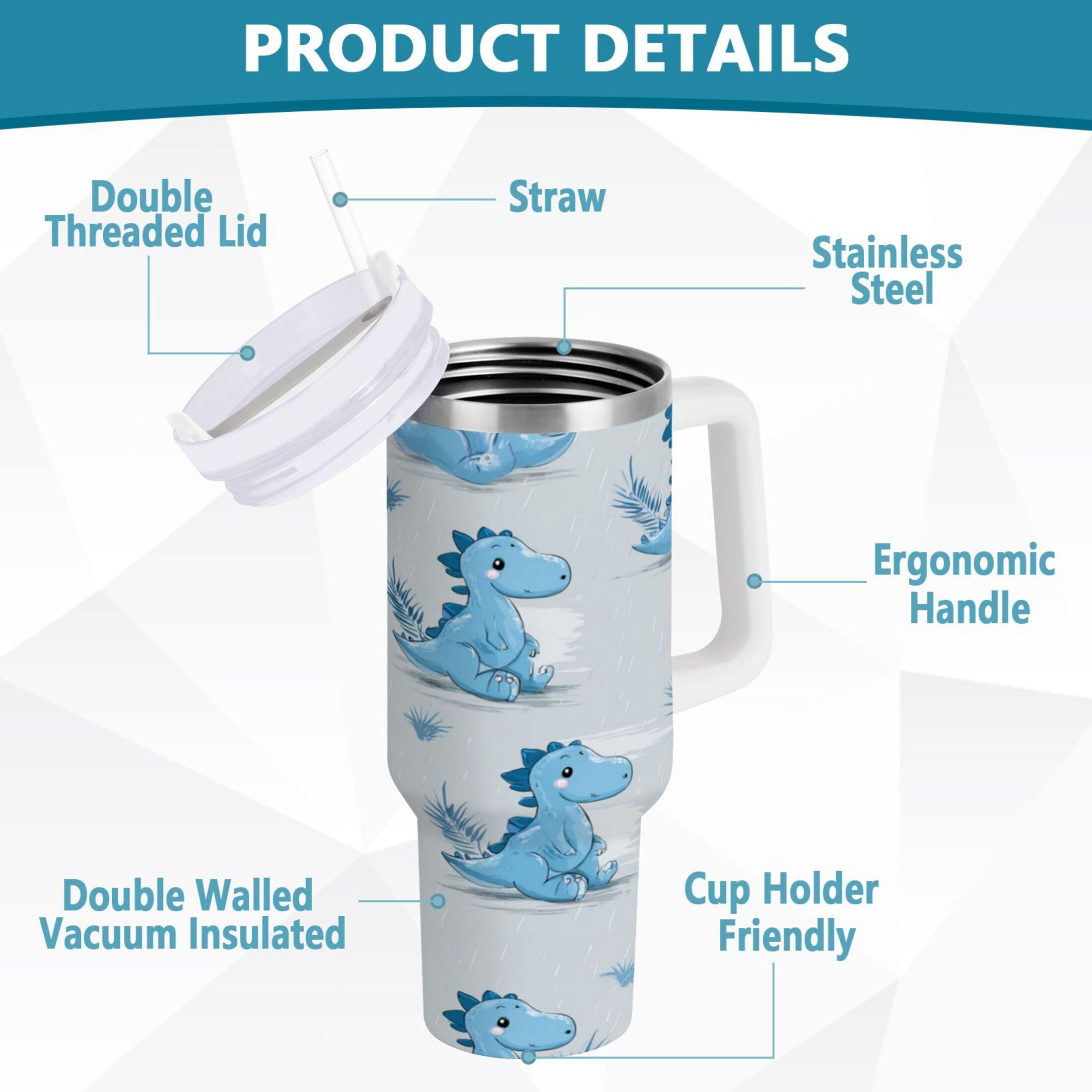 30 oz Insulated Stainless Steel Tumbler Double Wall Stainless Steel Tumbler with 2-Way Drinking Cartoon Blue Dinosaurs