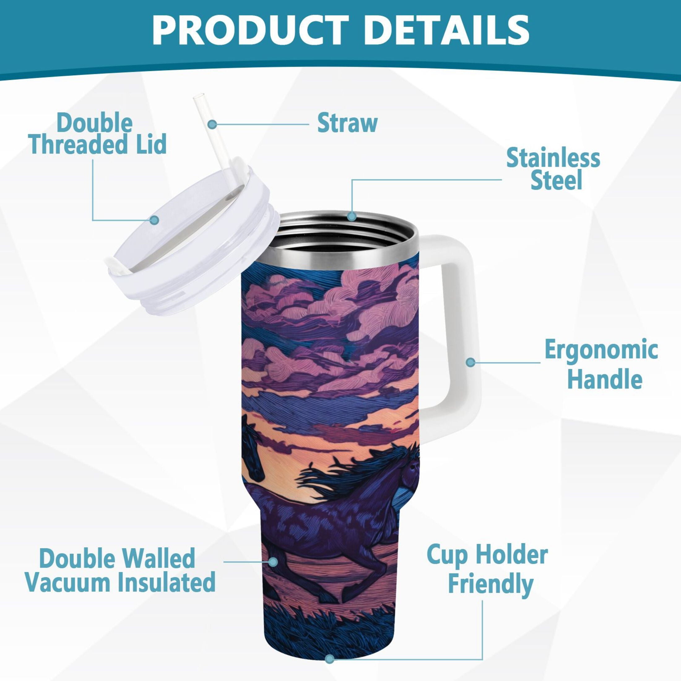 40 oz Insulated Stainless Steel Tumbler Double Wall Stainless Steel Tumbler with 2-Way Drinking Wild Horses Running