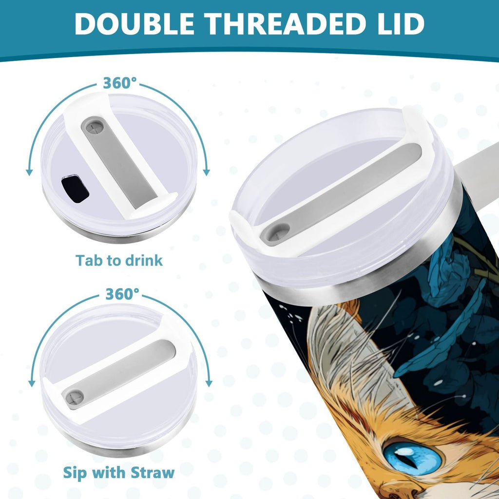 30 oz Insulated Stainless Steel Tumbler Double Wall Stainless Steel Tumbler with 2-Way Drinking Orange Cat with Blue Eyes