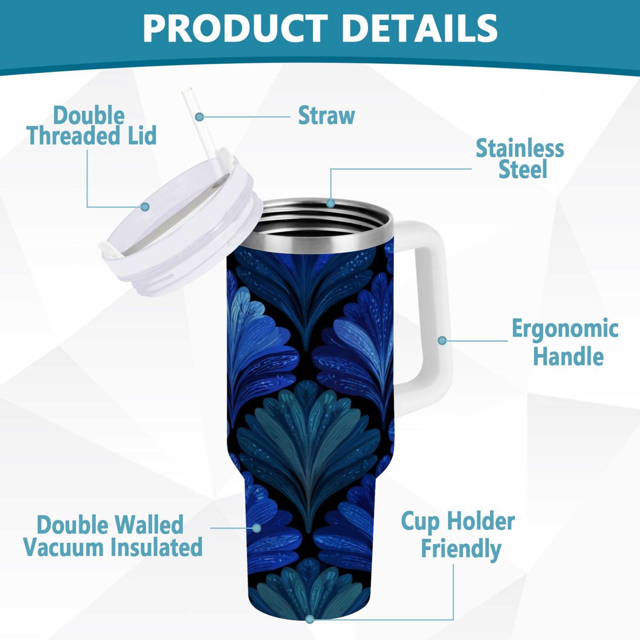 30 oz Insulated Stainless Steel Tumbler Double Wall Stainless Steel Tumbler with 2-Way Drinking Blue Batik Leaves Pattern