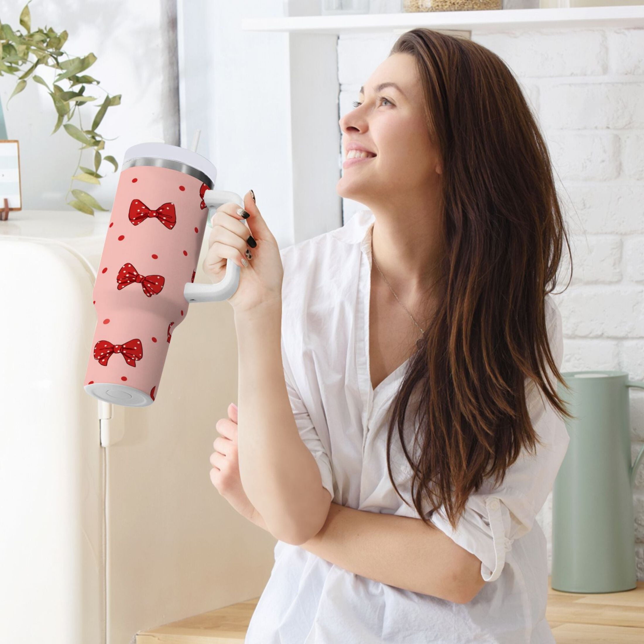 40 oz Insulated Stainless Steel Tumbler Double Wall Stainless Steel Tumbler with 2-Way Drinking Red Bows and Polka Dots