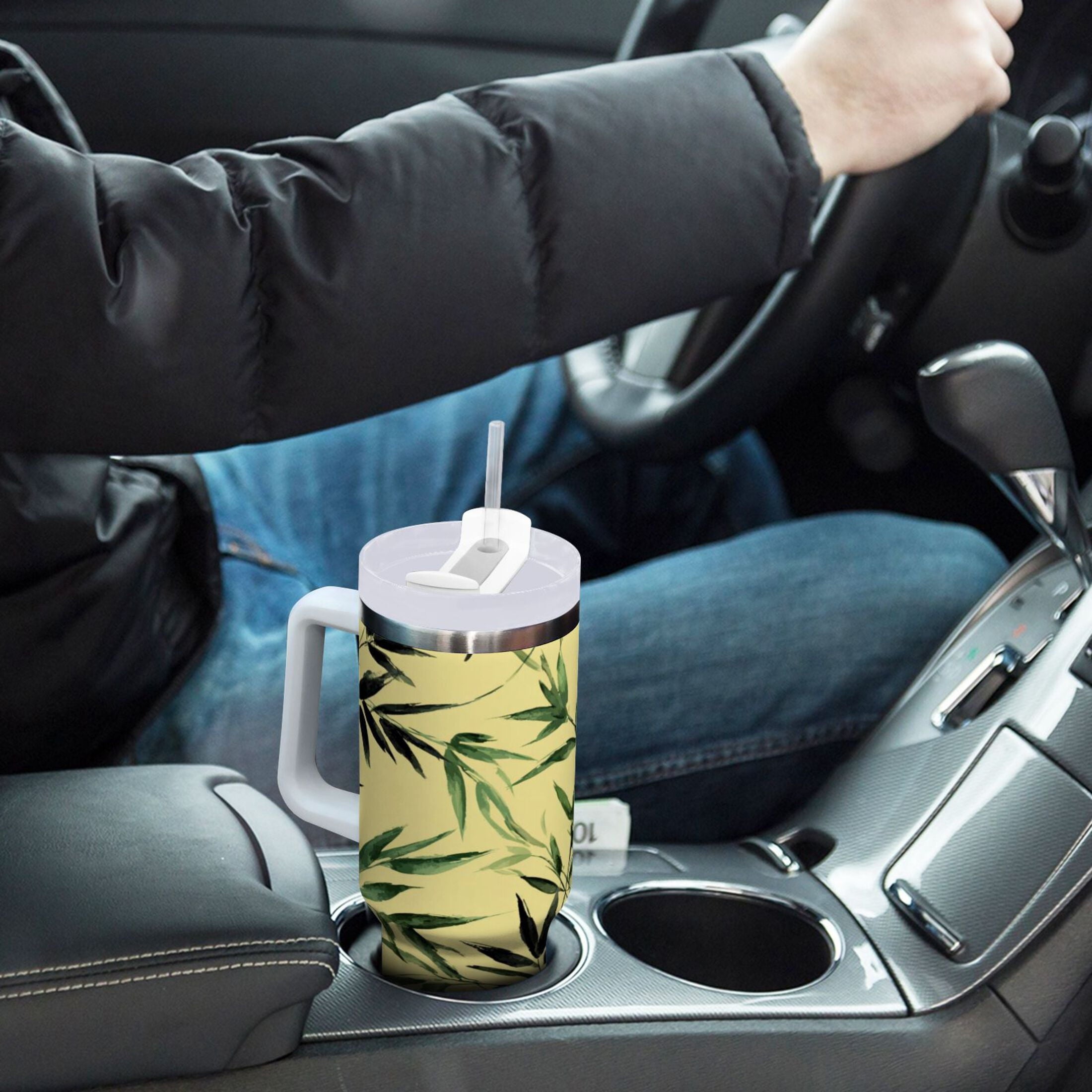 30 oz Insulated Stainless Steel Tumbler Double Wall Stainless Steel Tumbler with 2-Way Drinking Bamboo and Green Leaves