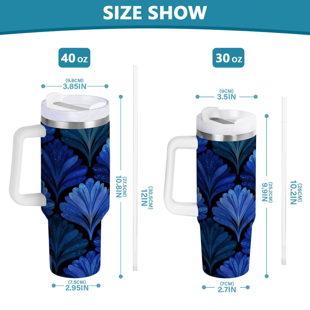 30 oz Insulated Stainless Steel Tumbler Double Wall Stainless Steel Tumbler with 2-Way Drinking Blue Batik Leaves Pattern