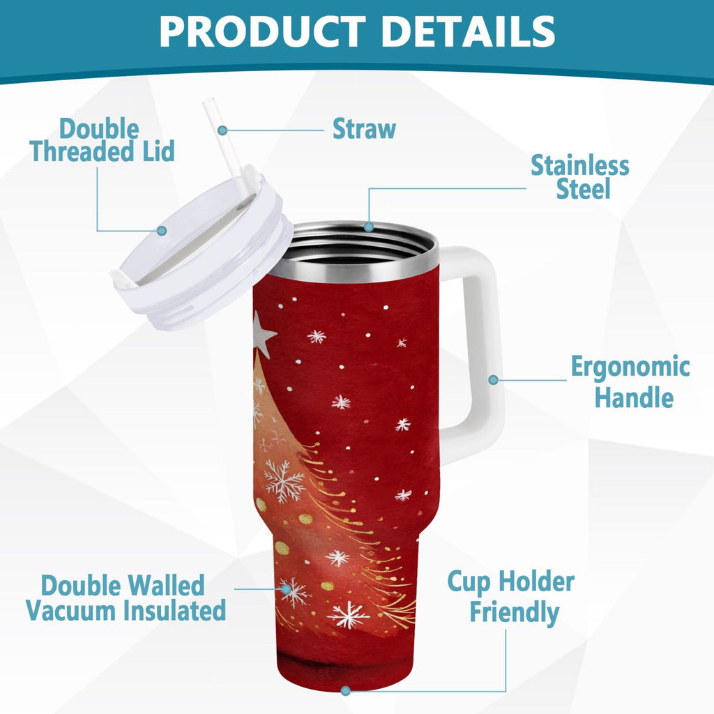 40 oz Insulated Stainless Steel Tumbler Double Wall Stainless Steel Tumbler with 2-Way Drinking Red Christmas Tree