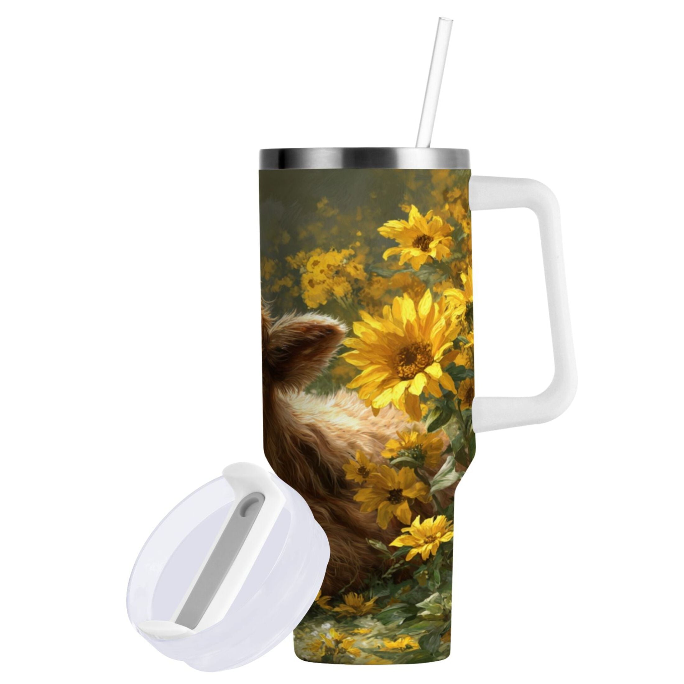 40 oz Insulated Stainless Steel Tumbler Double Wall Stainless Steel Tumbler with 2-Way Drinking Cow Lying in Sunflowers