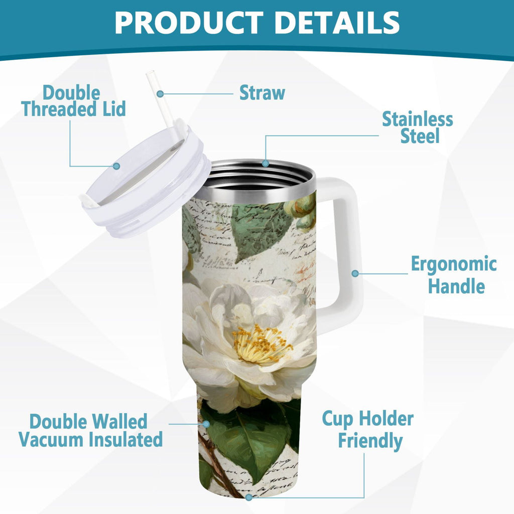40 oz Insulated Stainless Steel Tumbler Double Wall Stainless Steel Tumbler with 2-Way Drinking Vintage White Camellias