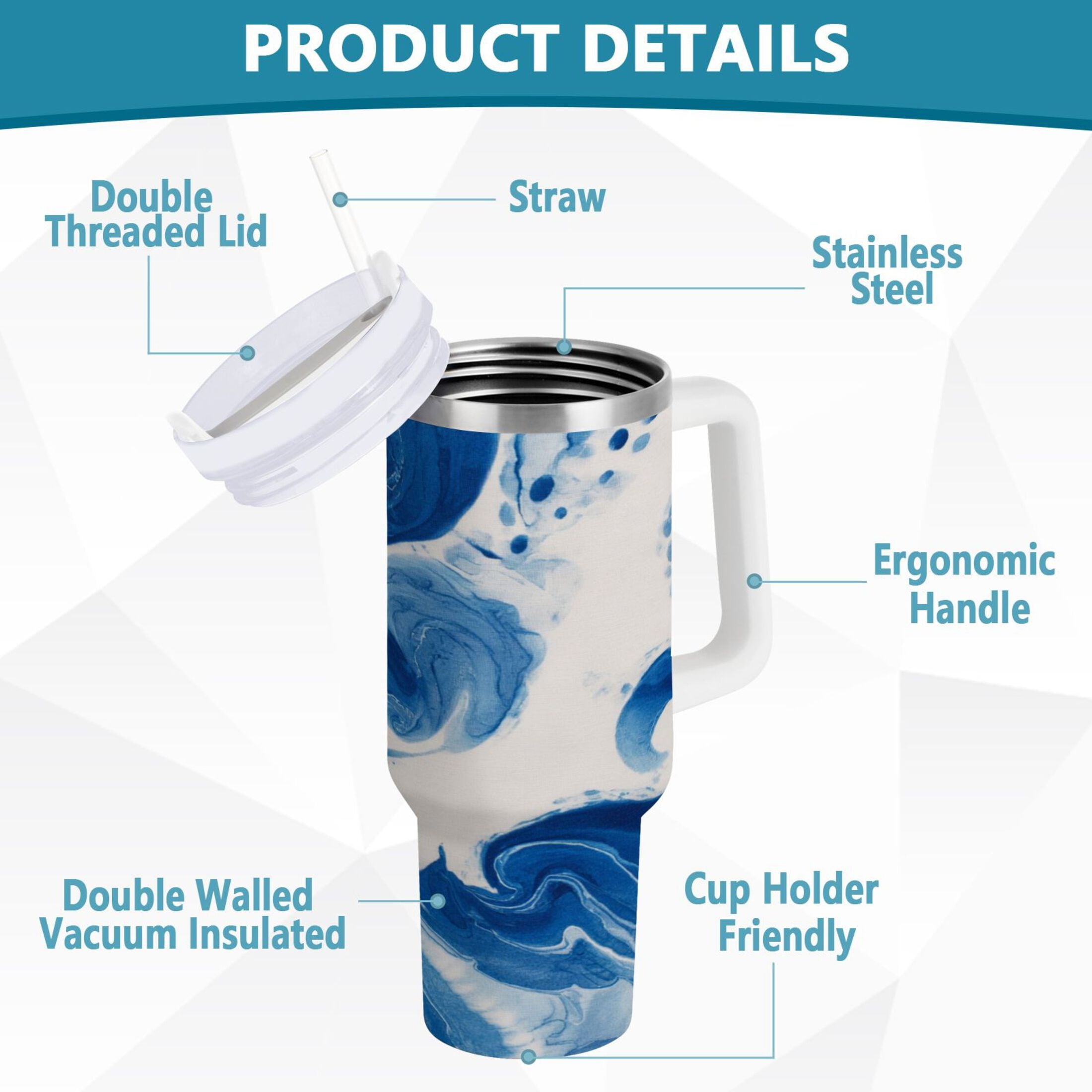 40 oz Insulated Stainless Steel Tumbler Double Wall Stainless Steel Tumbler with 2-Way Drinking Indigo Blue Tie-dye Pattern
