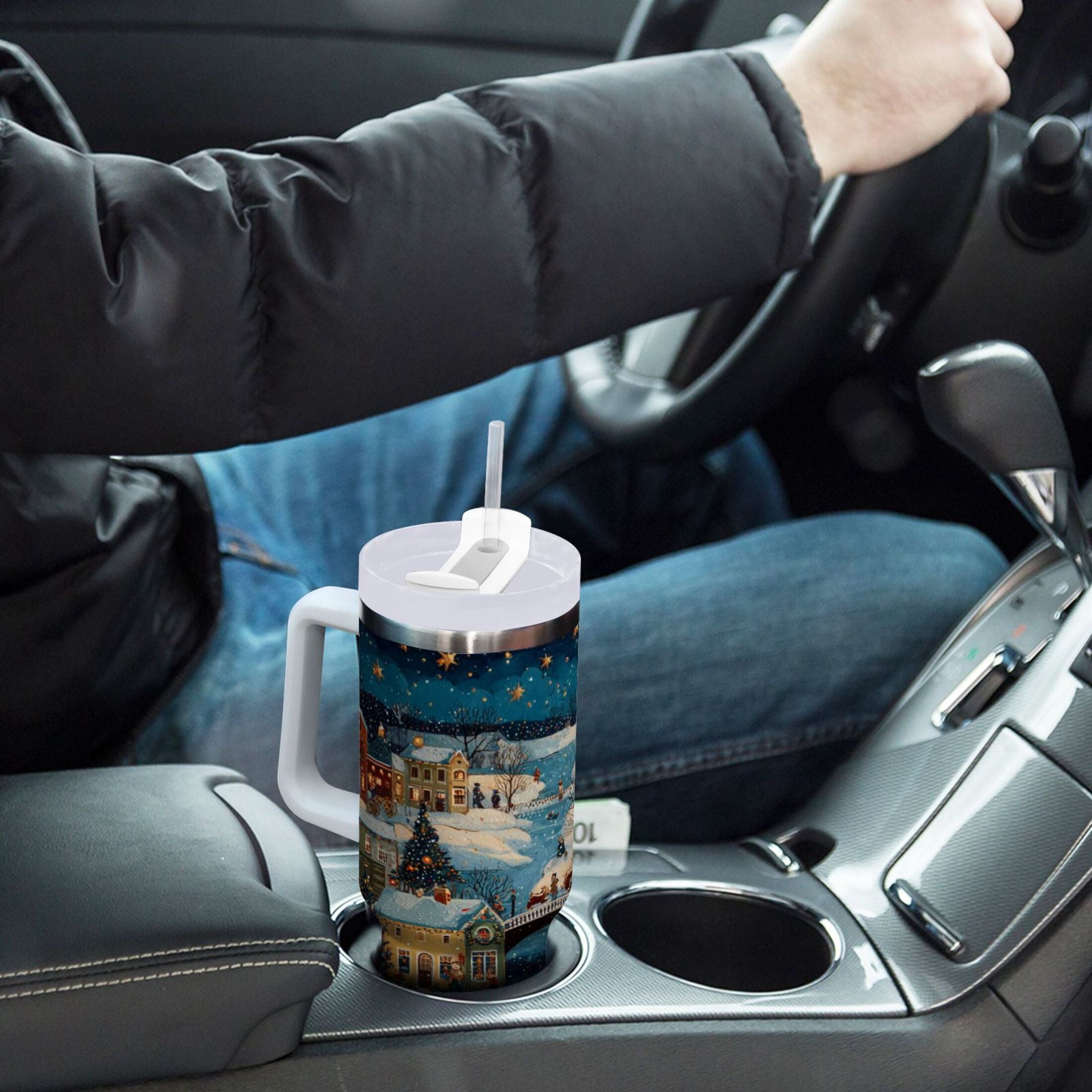 30 oz Insulated Stainless Steel Tumbler Double Wall Stainless Steel Tumbler with 2-Way Drinking Whimsical Christmas Scene