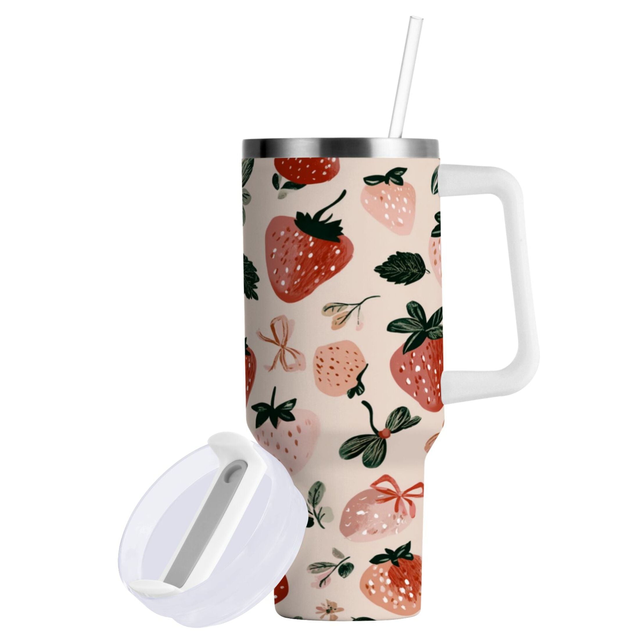 30 oz Insulated Stainless Steel Tumbler Double Wall Stainless Steel Tumbler with 2-Way Drinking Cute Pinks Strawberries