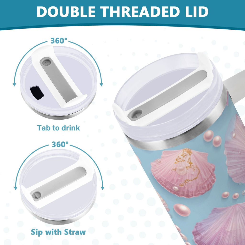 40 oz Insulated Stainless Steel Tumbler Double Wall Stainless Steel Tumbler with 2-Way Drinking Seashells and Pearls Pattern