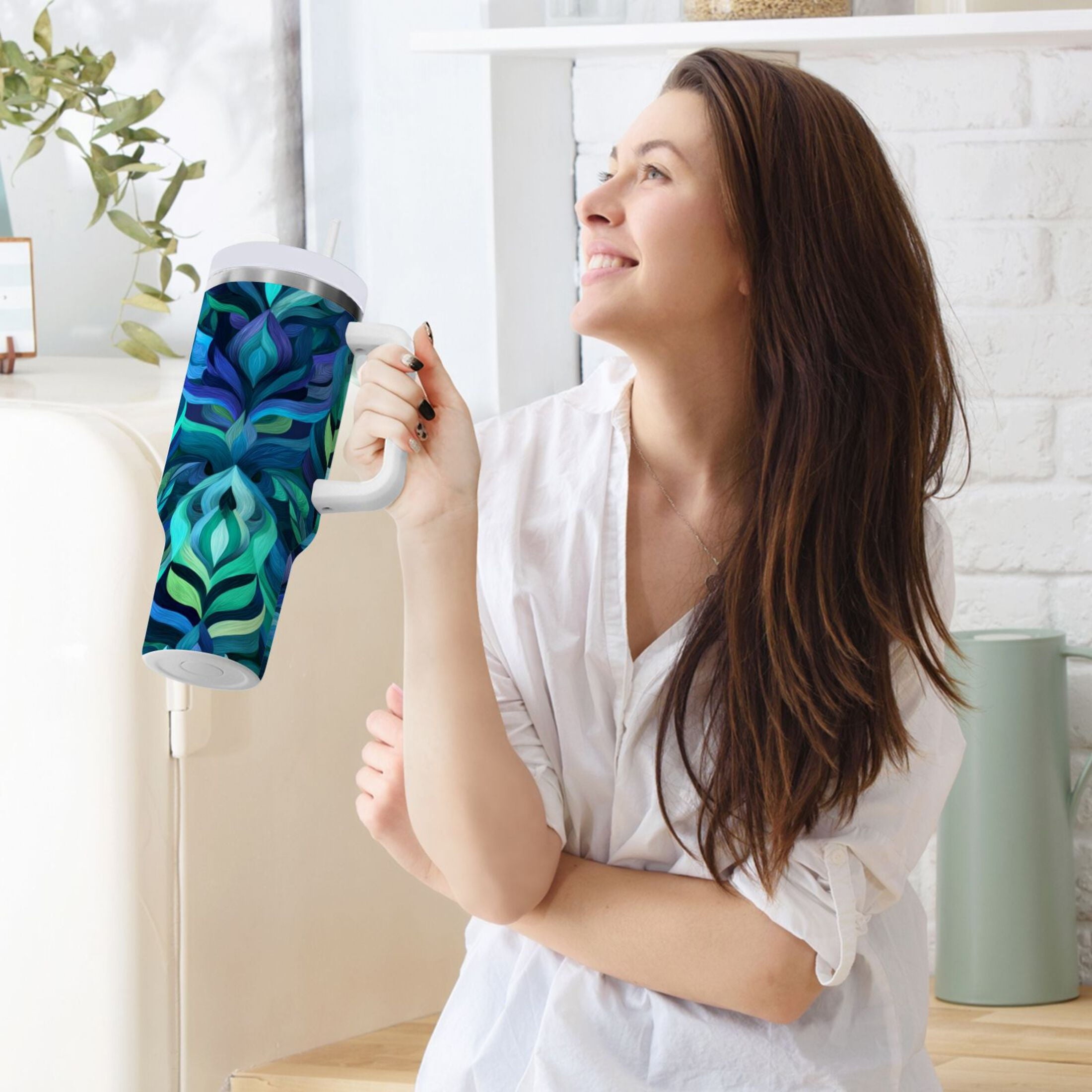40 oz Insulated Stainless Steel Tumbler Double Wall Stainless Steel Tumbler with 2-Way Drinking Elegant Blue Abstract Shapes