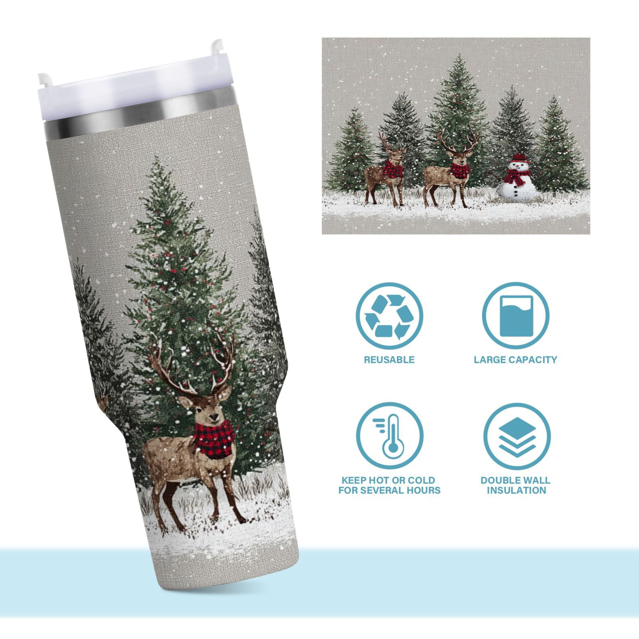 30 oz Insulated Stainless Steel Tumbler Double Wall Stainless Steel Tumbler with 2-Way Drinking Christmas Deer and Snowmen