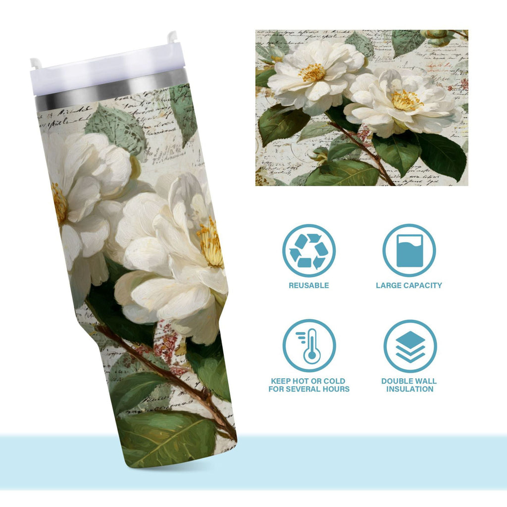40 oz Insulated Stainless Steel Tumbler Double Wall Stainless Steel Tumbler with 2-Way Drinking Vintage White Camellias