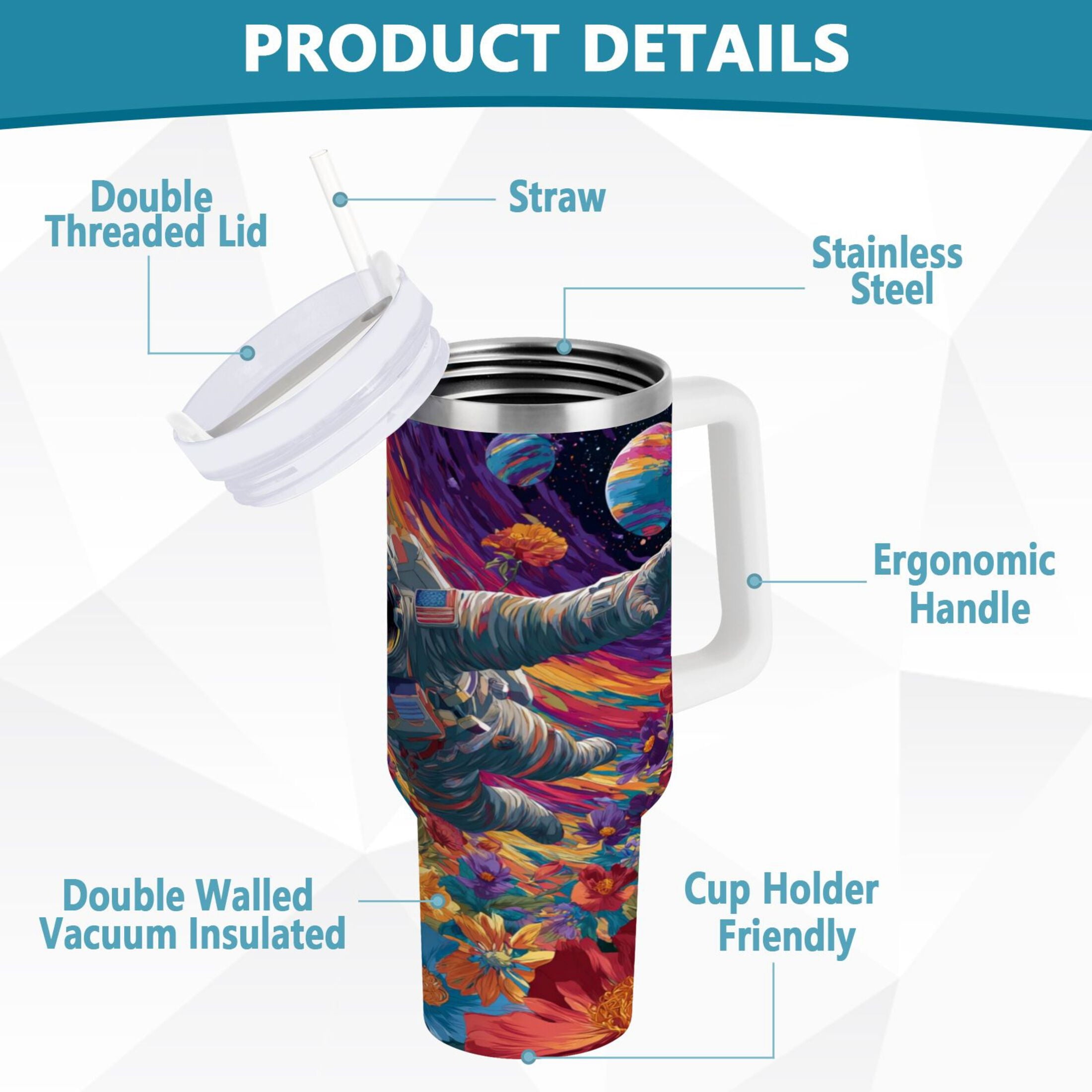 40 oz Insulated Stainless Steel Tumbler Double Wall Stainless Steel Tumbler with 2-Way Drinking Colorful Flowers and Planets