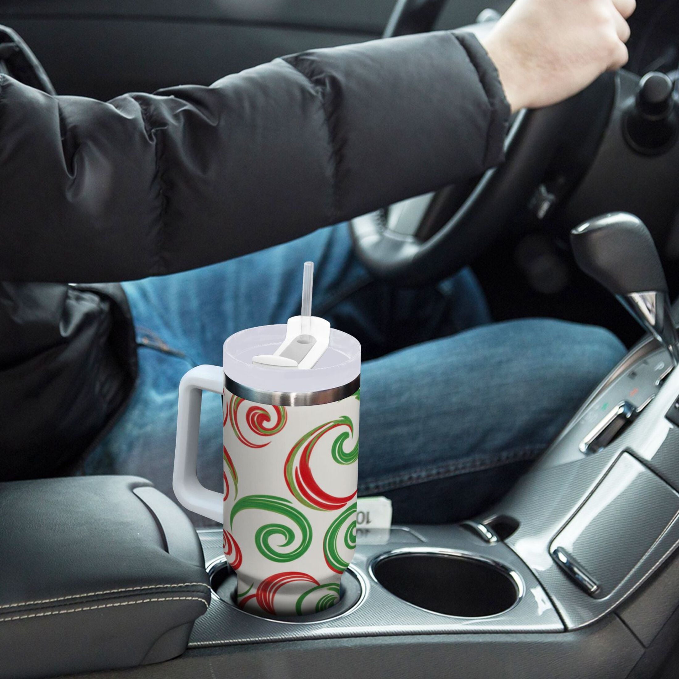 40 oz Insulated Stainless Steel Tumbler Double Wall Stainless Steel Tumbler with 2-Way Drinking Red and Green Swirls