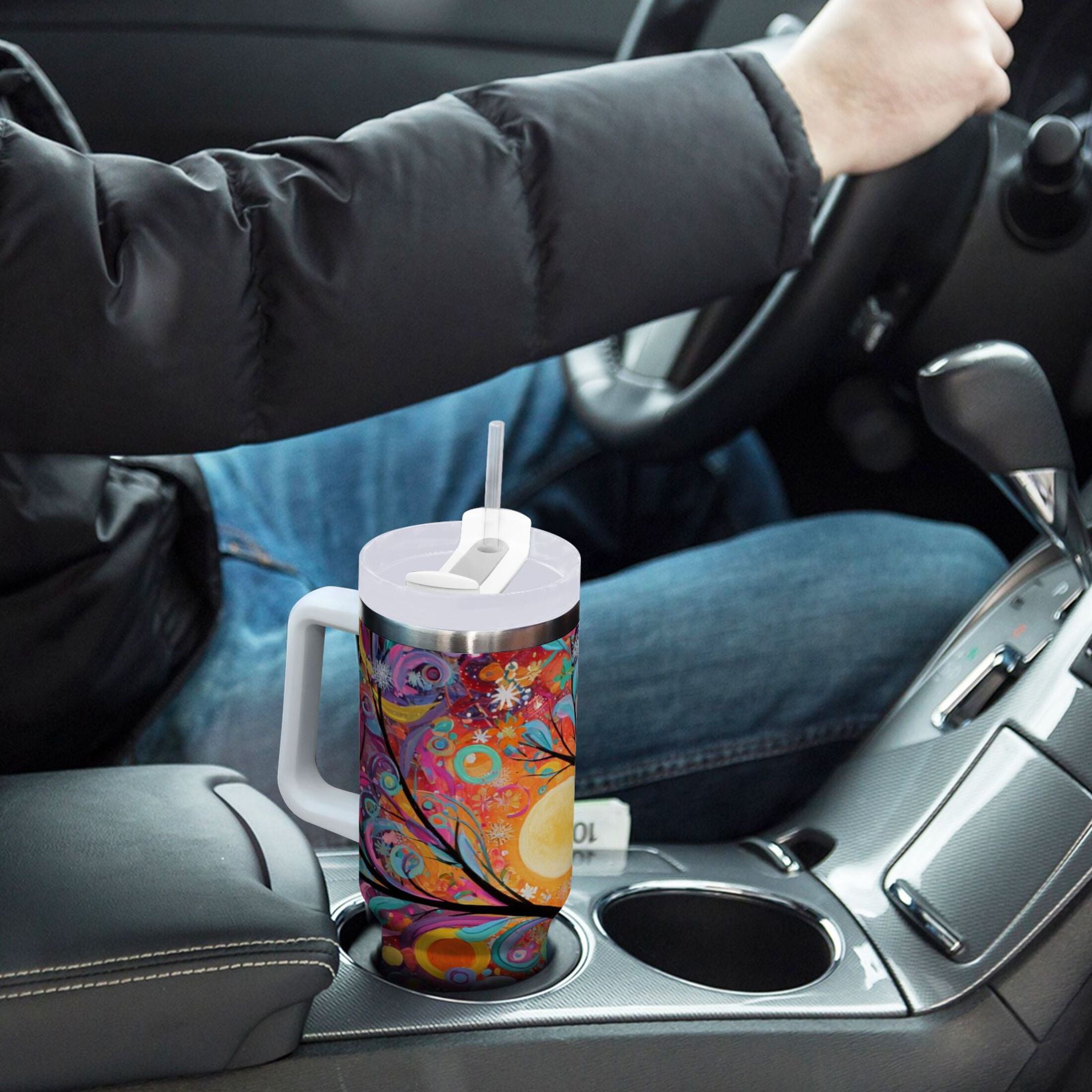 30 oz Insulated Stainless Steel Tumbler Double Wall Stainless Steel Tumbler with 2-Way Drinking Beautiful Abstract Tree Painting