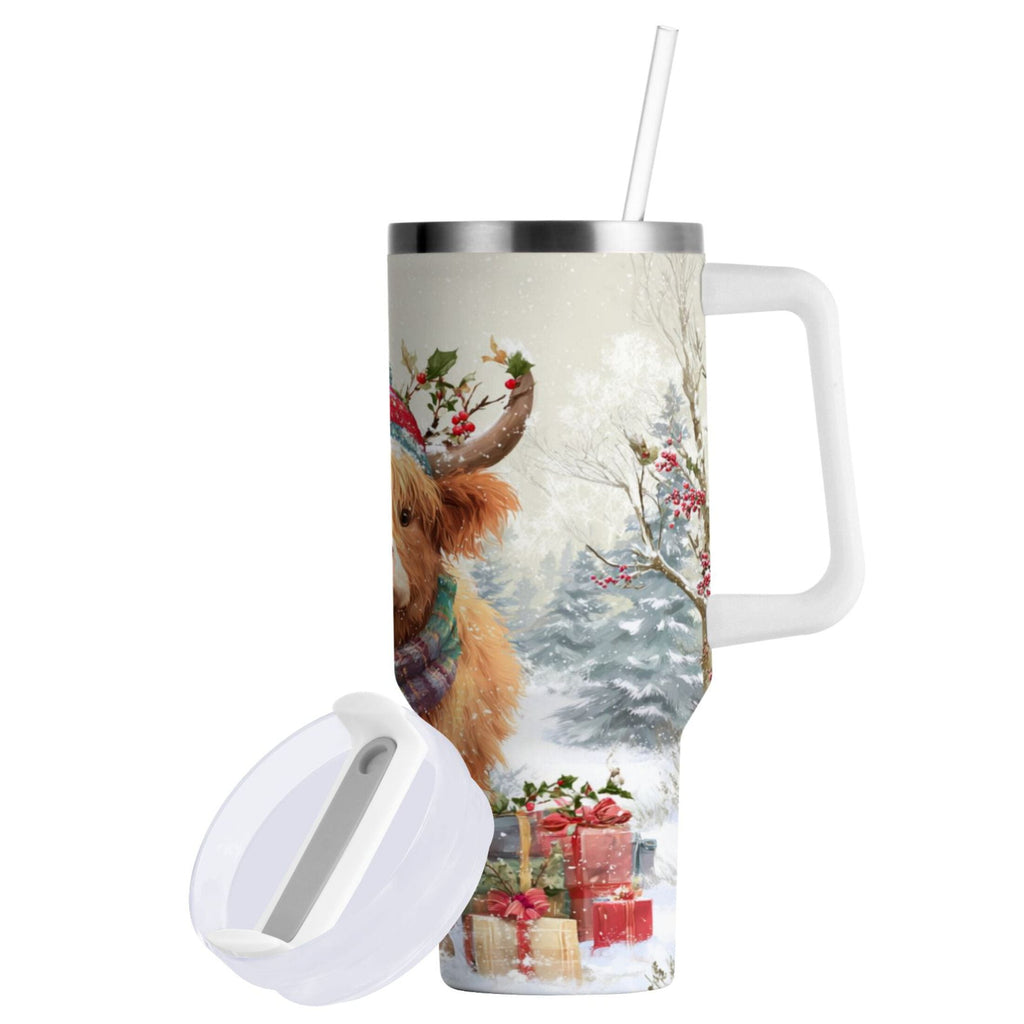 30 oz Insulated Stainless Steel Tumbler Double Wall Stainless Steel Tumbler with 2-Way Drinking Cow Wearing Christmas Hat