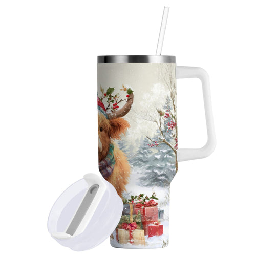 30 oz Insulated Stainless Steel Tumbler Double Wall Stainless Steel Tumbler with 2-Way Drinking Cow Wearing Christmas Hat