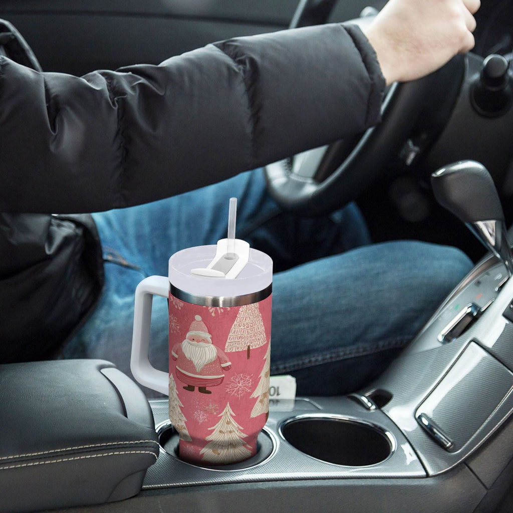 40 oz Insulated Stainless Steel Tumbler Double Wall Stainless Steel Tumbler with 2-Way Drinking Pink Santa Claus Pattern