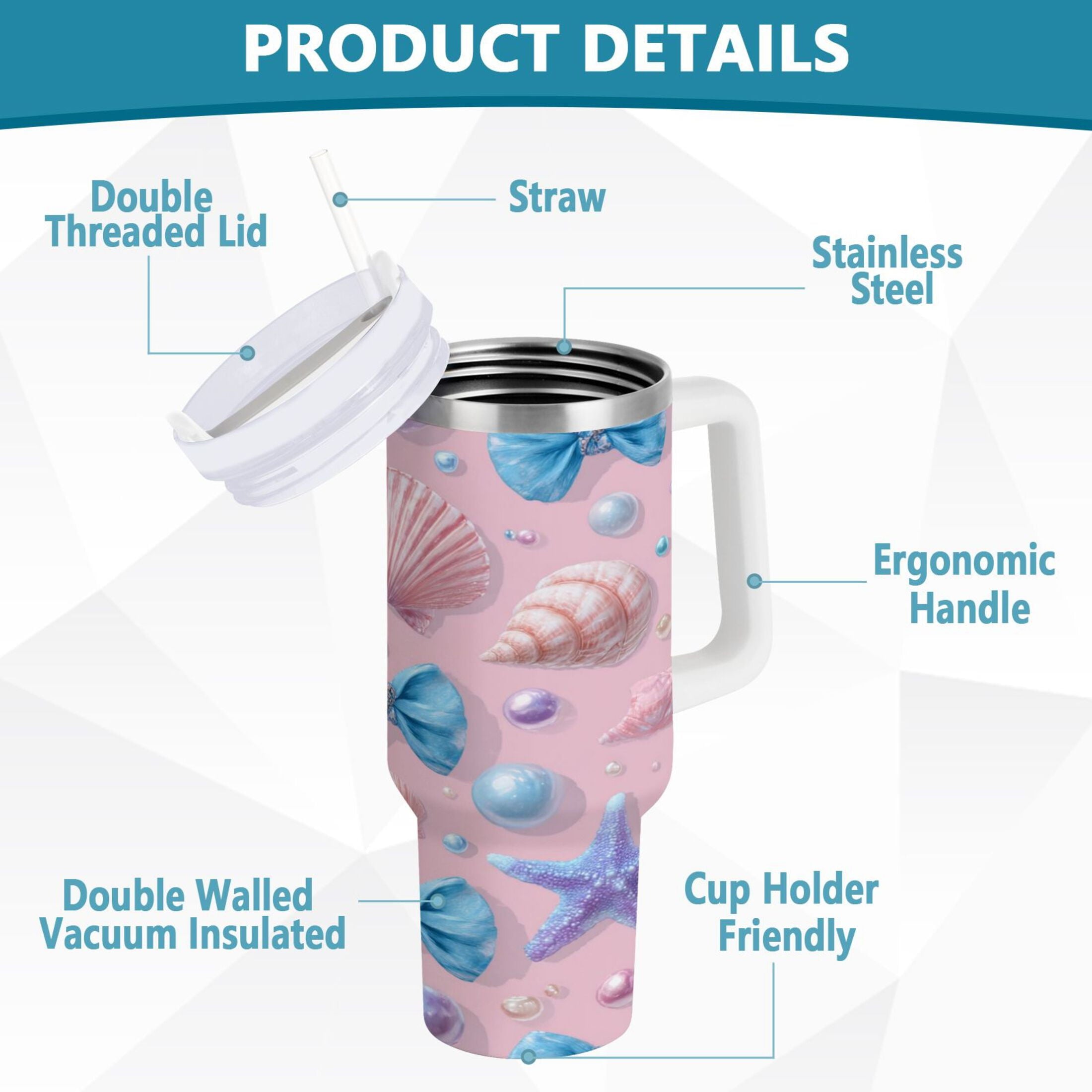 30 oz Insulated Stainless Steel Tumbler Double Wall Stainless Steel Tumbler with 2-Way Drinking Seashells and Bows