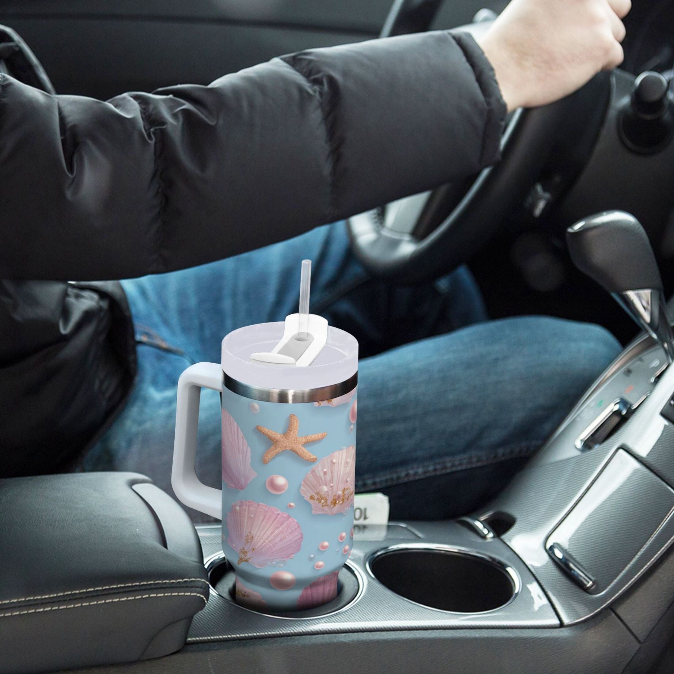 40 oz Insulated Stainless Steel Tumbler Double Wall Stainless Steel Tumbler with 2-Way Drinking Seashells and Pearls Pattern