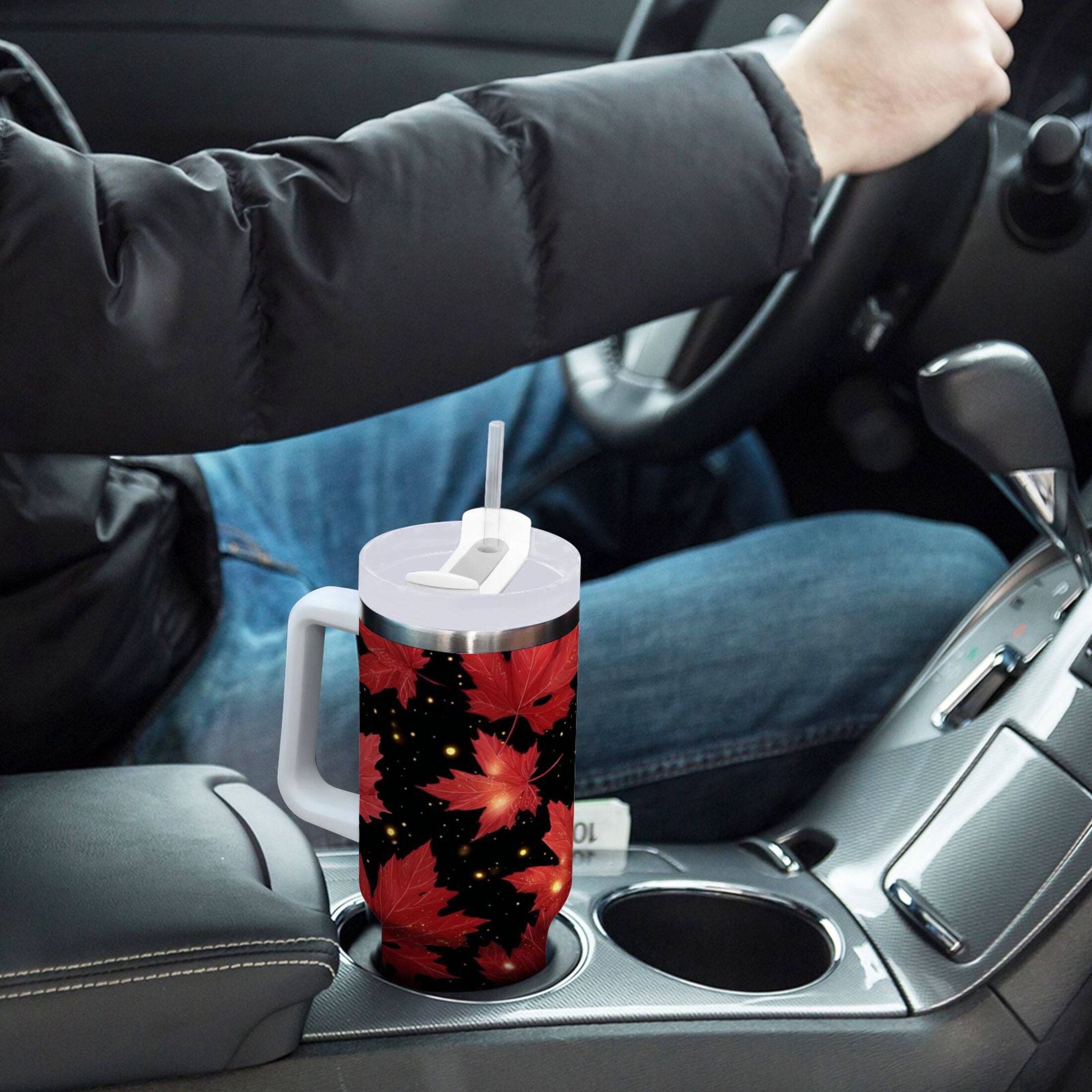 40 oz Insulated Stainless Steel Tumbler Double Wall Stainless Steel Tumbler with 2-Way Drinking Maple Leaves and Fireflies