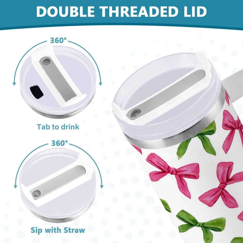 30 oz Insulated Stainless Steel Tumbler Double Wall Stainless Steel Tumbler with 2-Way Drinking Pink Bows and Green Ribbons