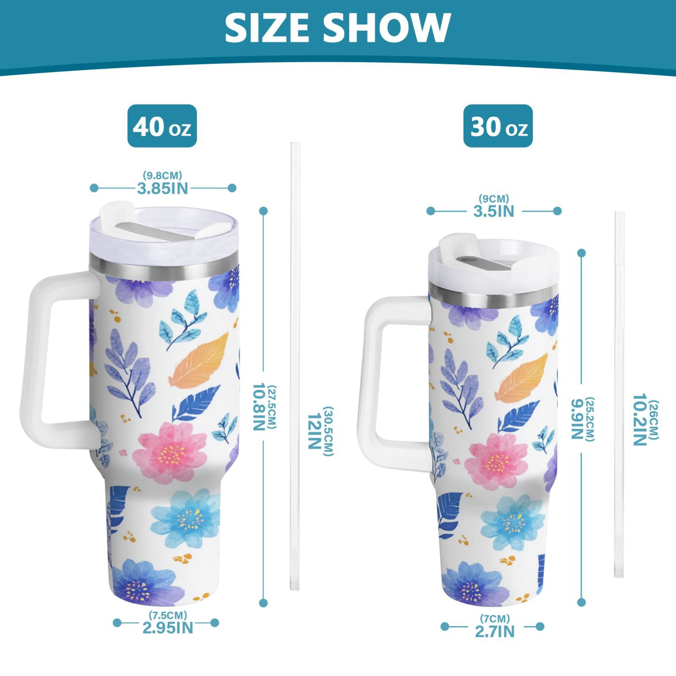 30 oz Insulated Stainless Steel Tumbler Double Wall Stainless Steel Tumbler with 2-Way Drinking Blue and Purple Flowers