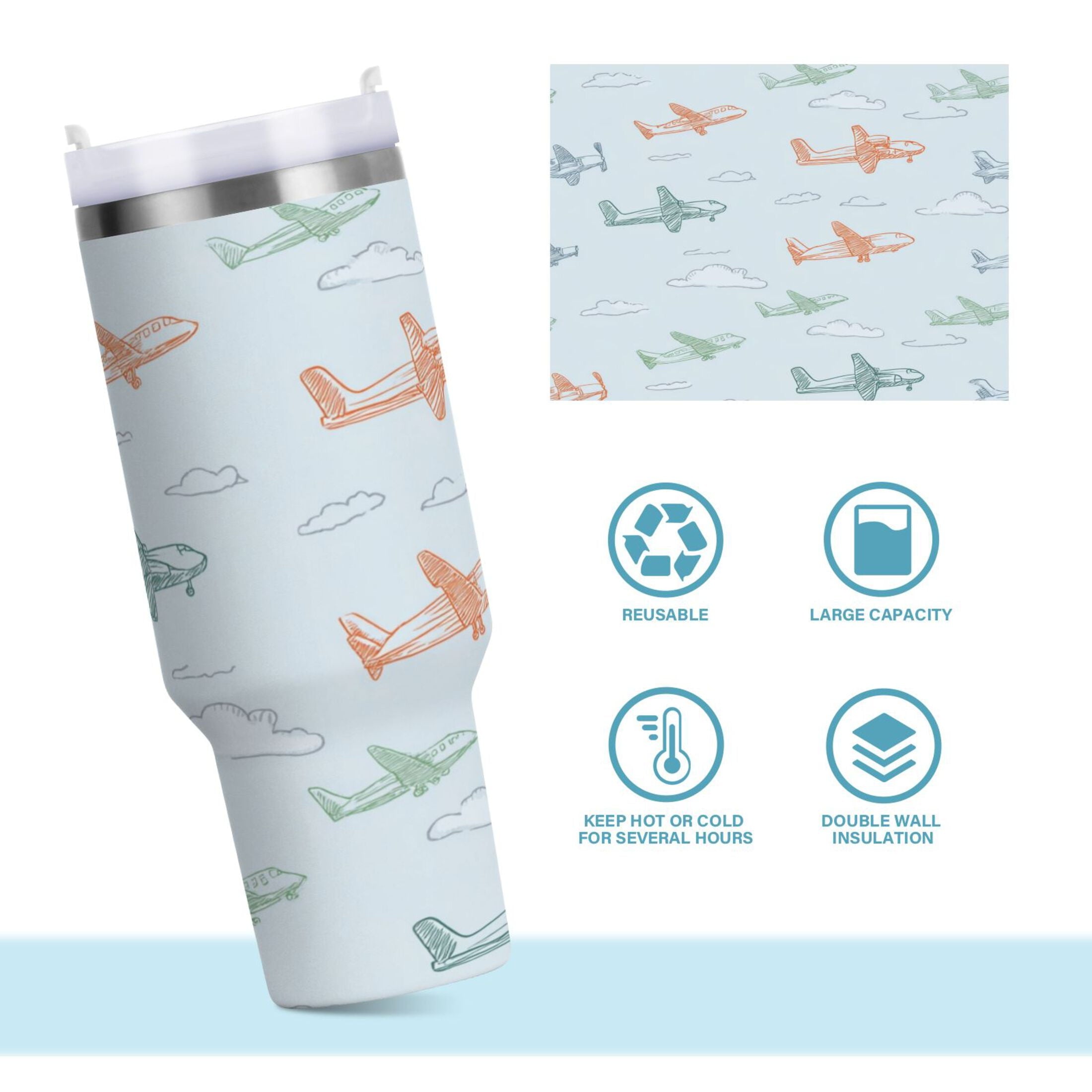 30 oz Insulated Stainless Steel Tumbler Double Wall Stainless Steel Tumbler with 2-Way Drinking Pastel Doodle Airplanes
