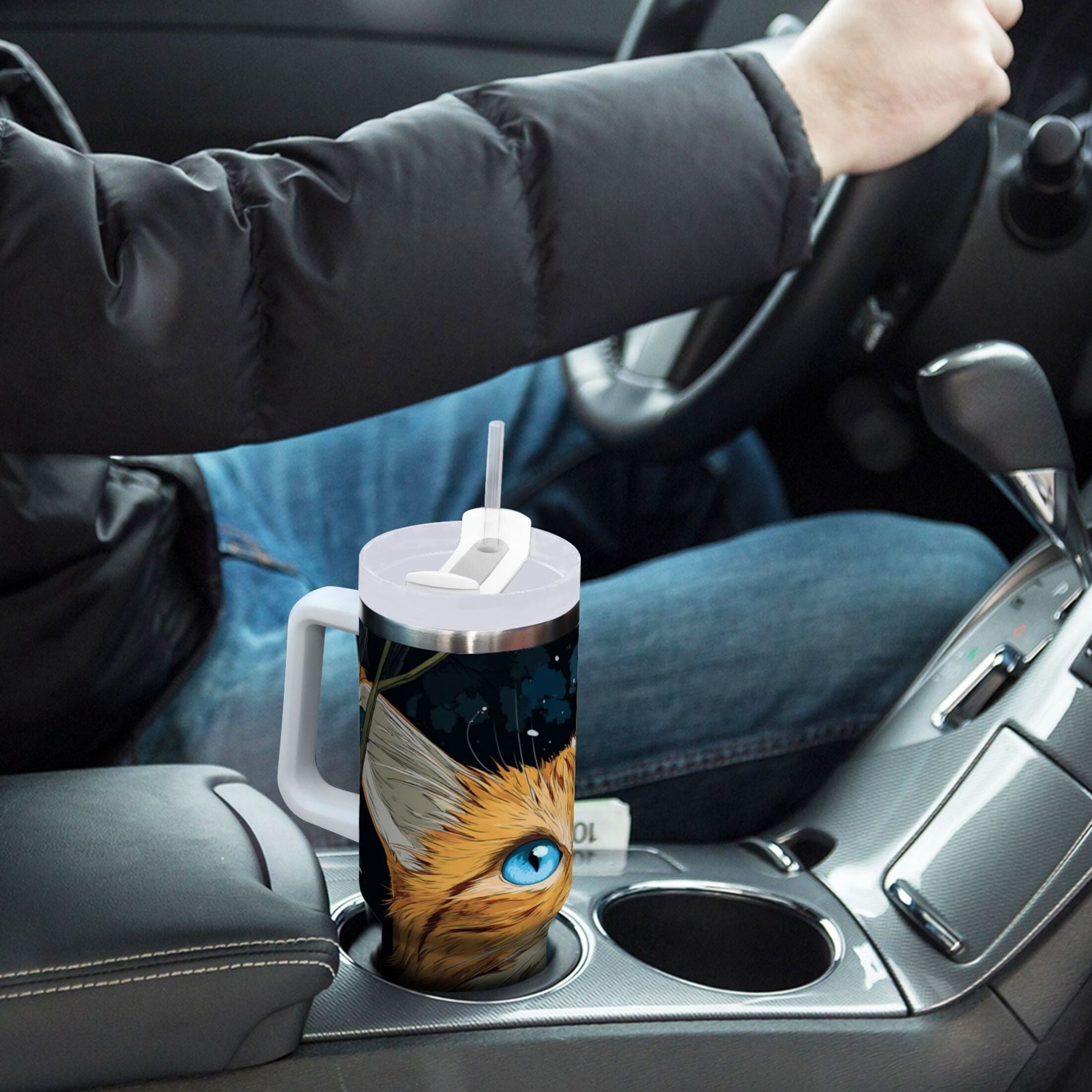 30 oz Insulated Stainless Steel Tumbler Double Wall Stainless Steel Tumbler with 2-Way Drinking Orange Cat with Blue Eyes