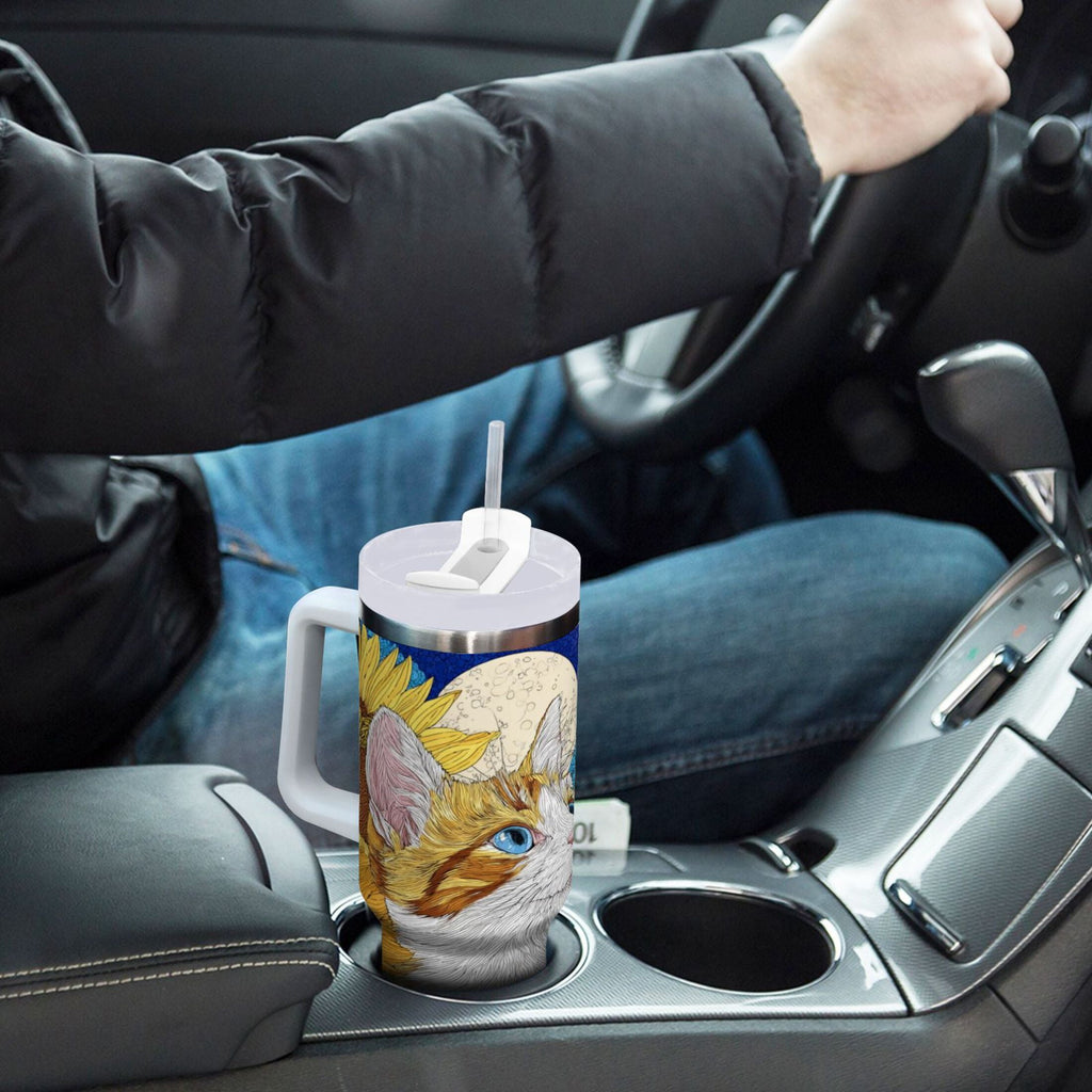 40 oz Insulated Stainless Steel Tumbler Double Wall Stainless Steel Tumbler with 2-Way Drinking Cat Lies in The Sunflowers