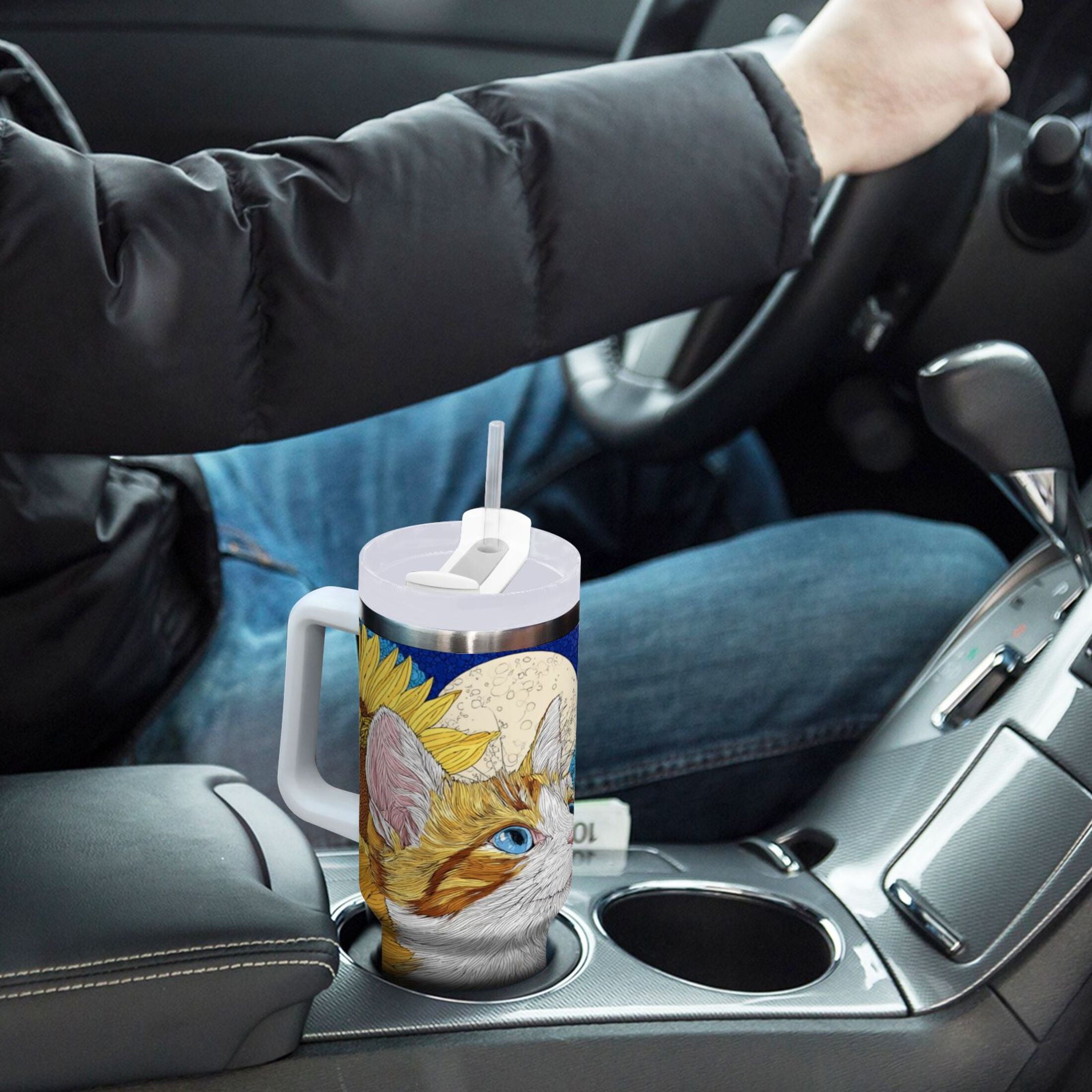 40 oz Insulated Stainless Steel Tumbler Double Wall Stainless Steel Tumbler with 2-Way Drinking Cat Lies in The Sunflowers