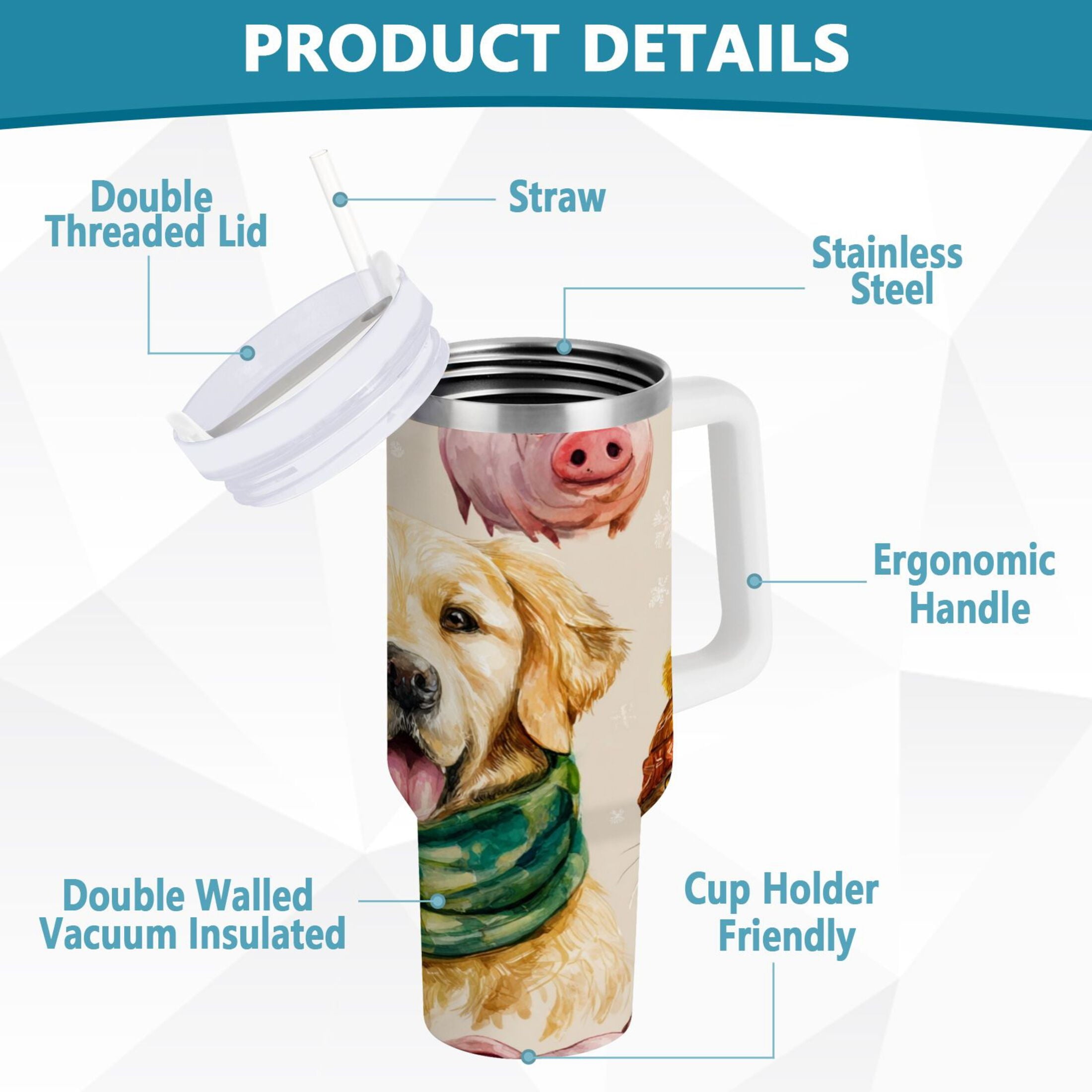 30 oz Insulated Stainless Steel Tumbler Double Wall Stainless Steel Tumbler with 2-Way Drinking Watercolor Animals Pattern